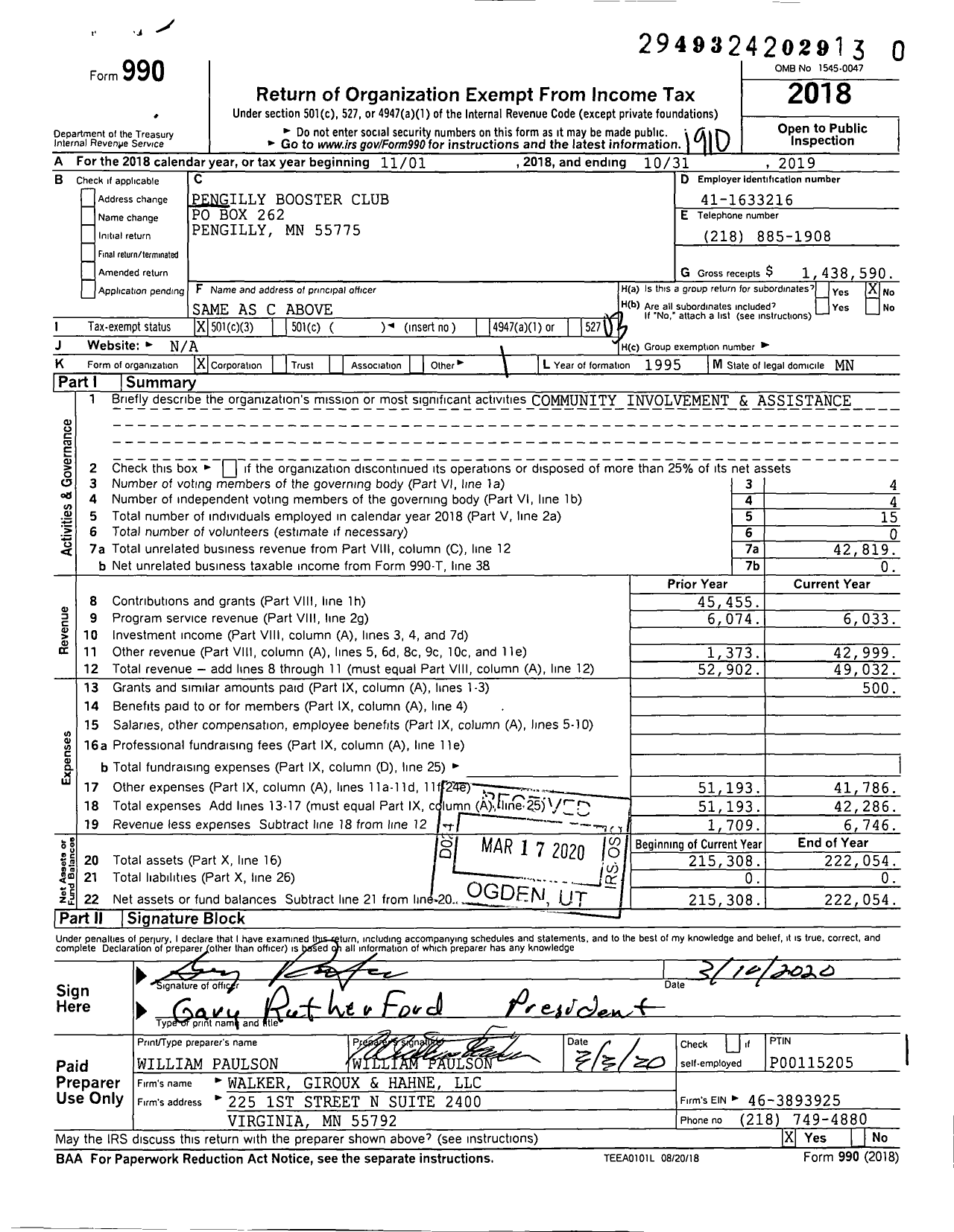 Image of first page of 2018 Form 990 for Pengilly Booster Club