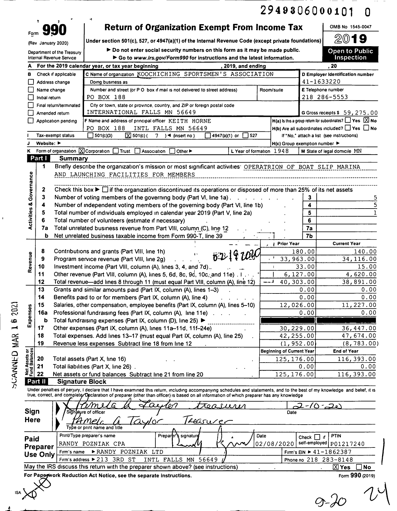 Image of first page of 2019 Form 990O for Koochiching Sportsmen's Association