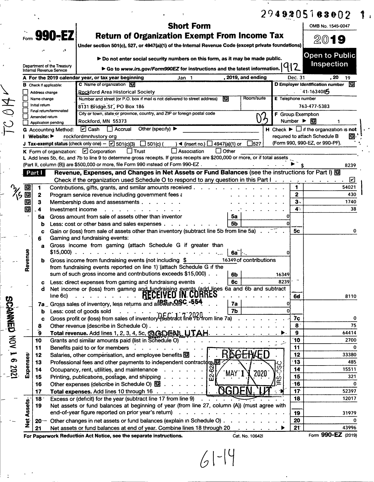 Image of first page of 2019 Form 990EZ for Rockford Area Historical Society