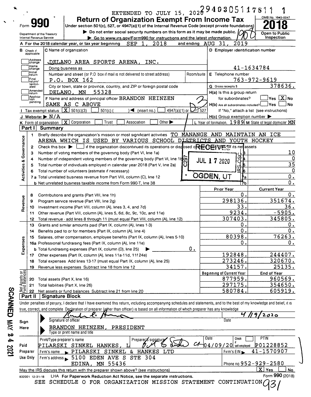 Image of first page of 2018 Form 990 for Delano Area Sports Arena