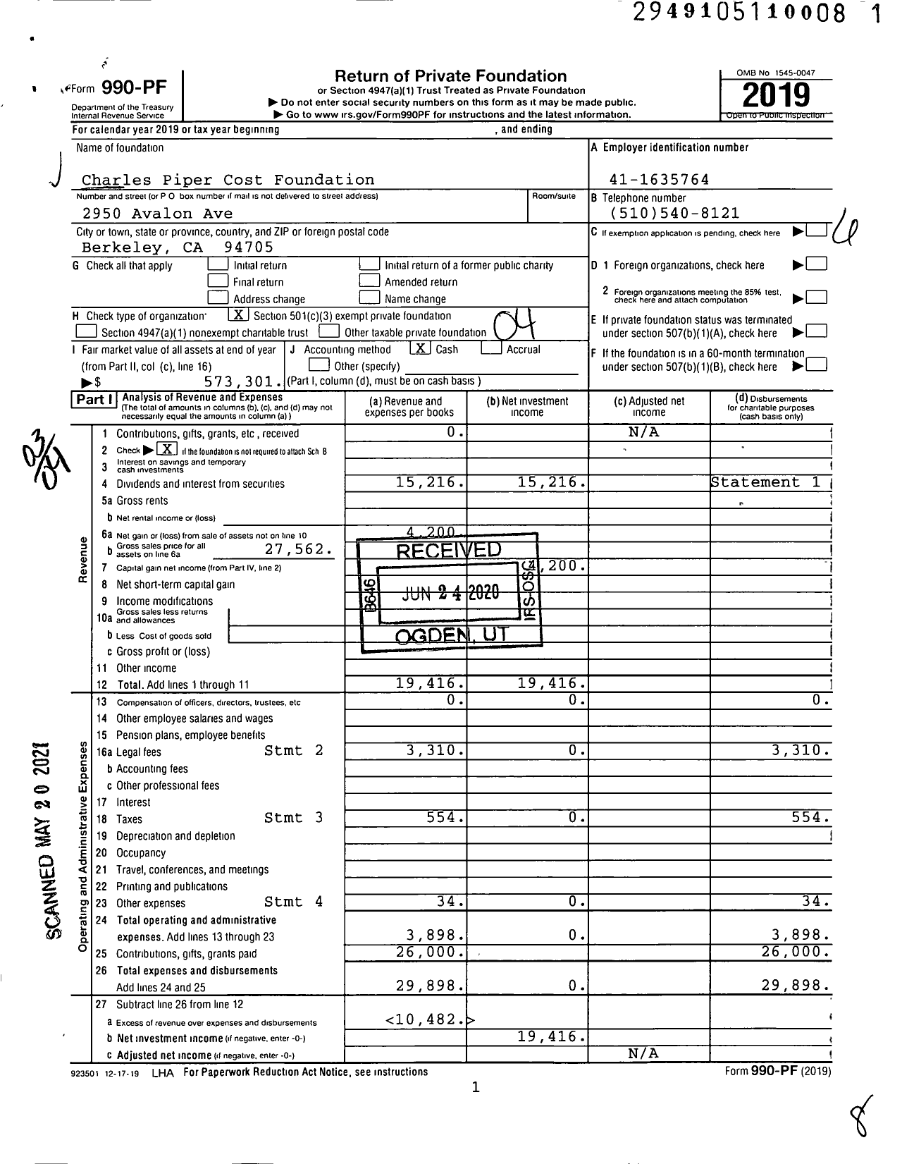 Image of first page of 2019 Form 990PF for Charles Piper Cost Foundation