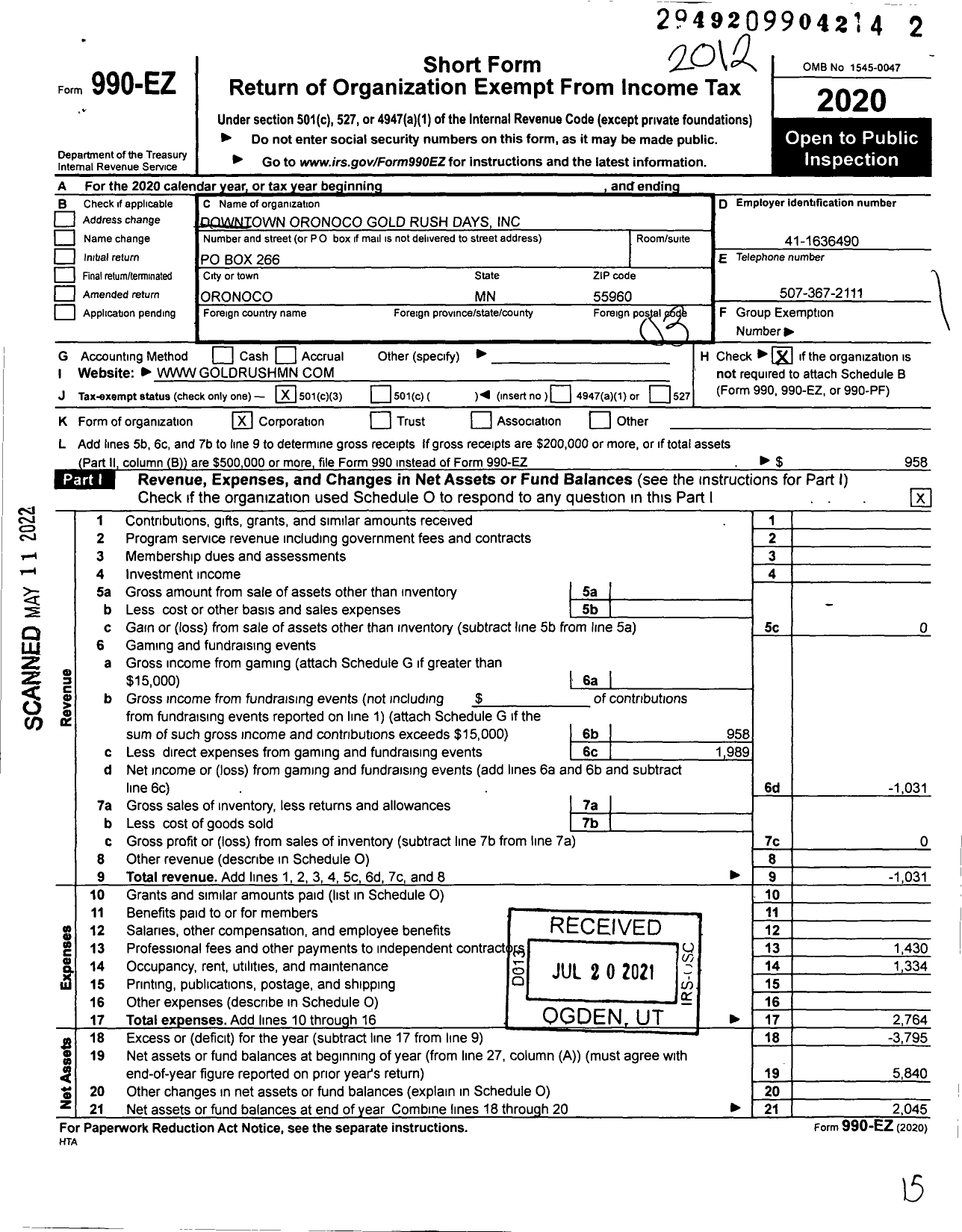 Image of first page of 2020 Form 990EZ for Downtown Oronoco Gold Rush Days