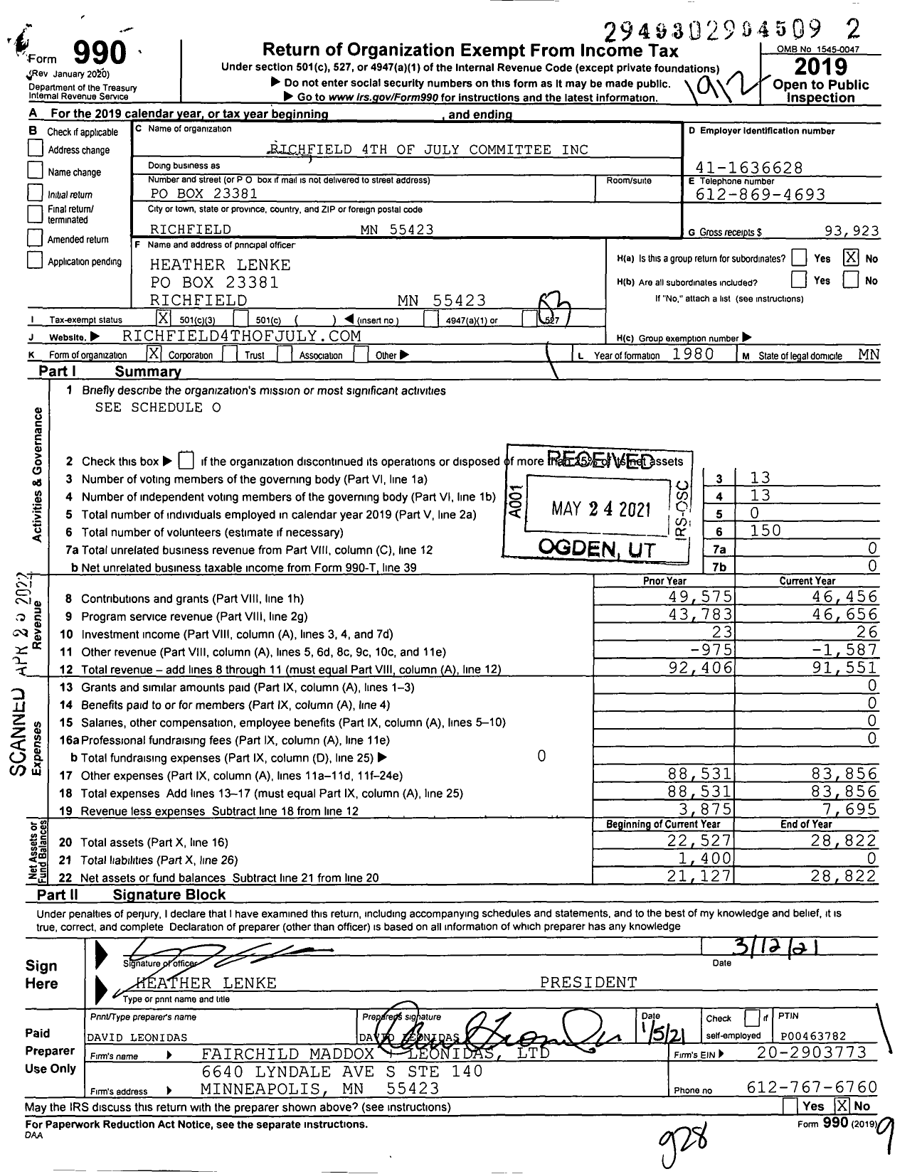 Image of first page of 2019 Form 990 for Richfield 4th of July Committee