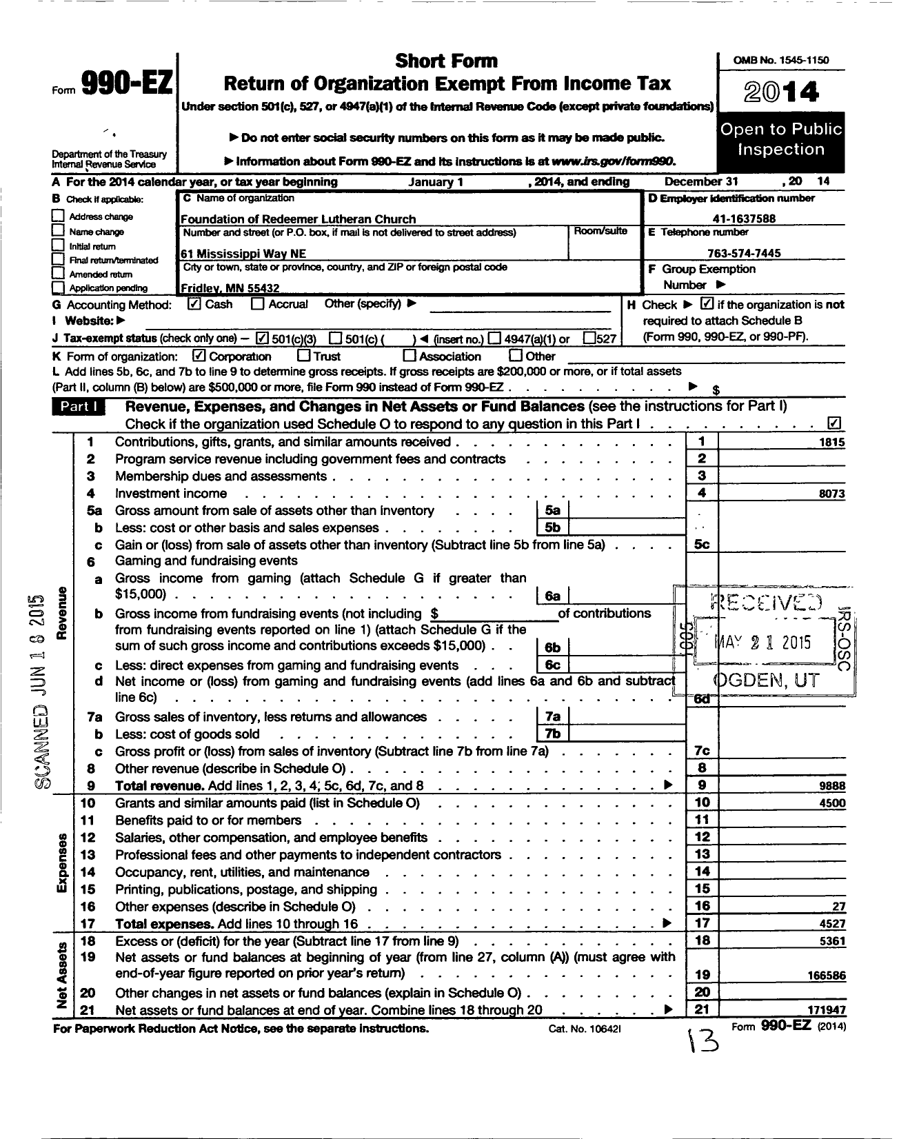 Image of first page of 2014 Form 990EZ for Foundation of Redeemer Lutheran Church