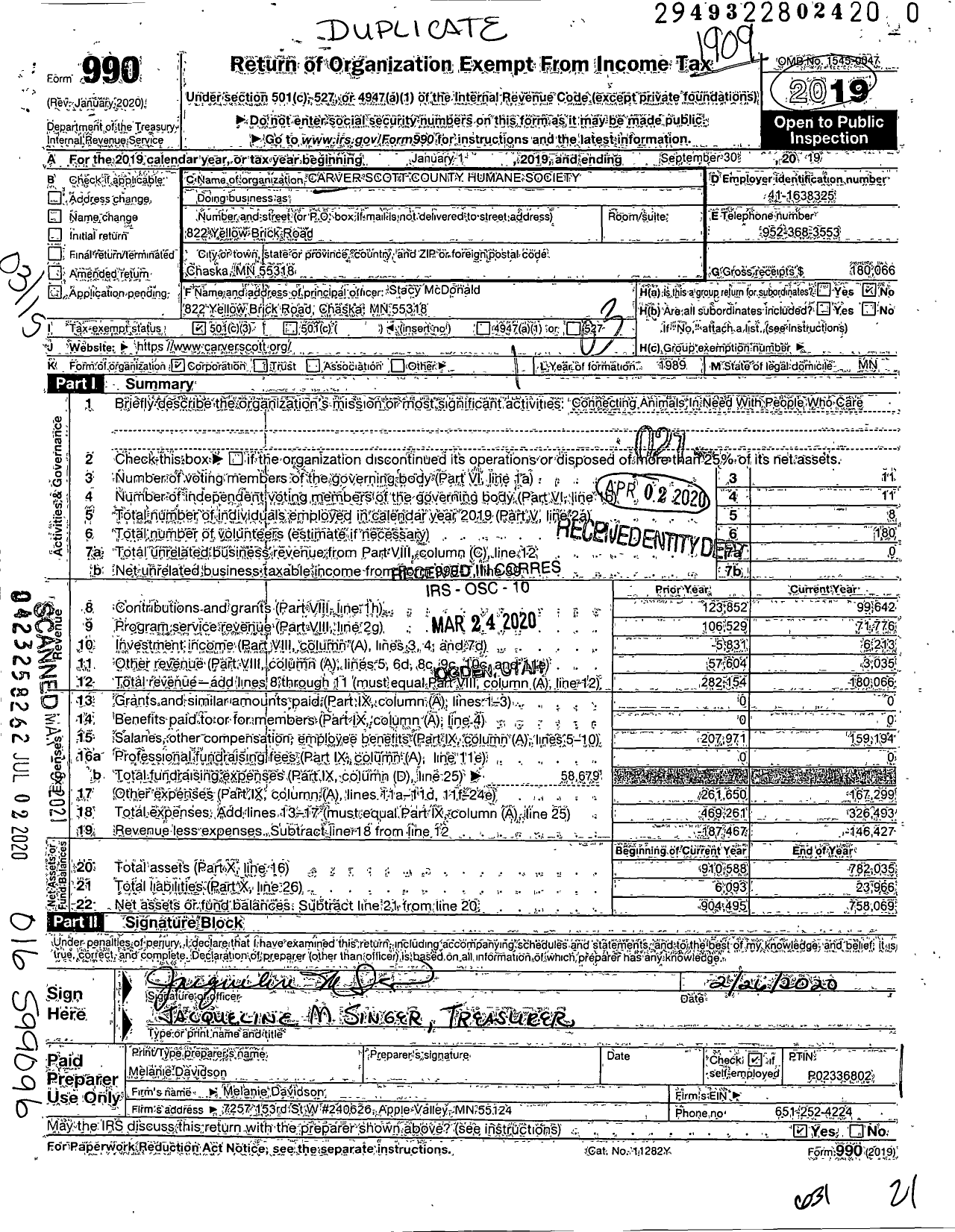 Image of first page of 2018 Form 990 for Carver Scott County Humane Society