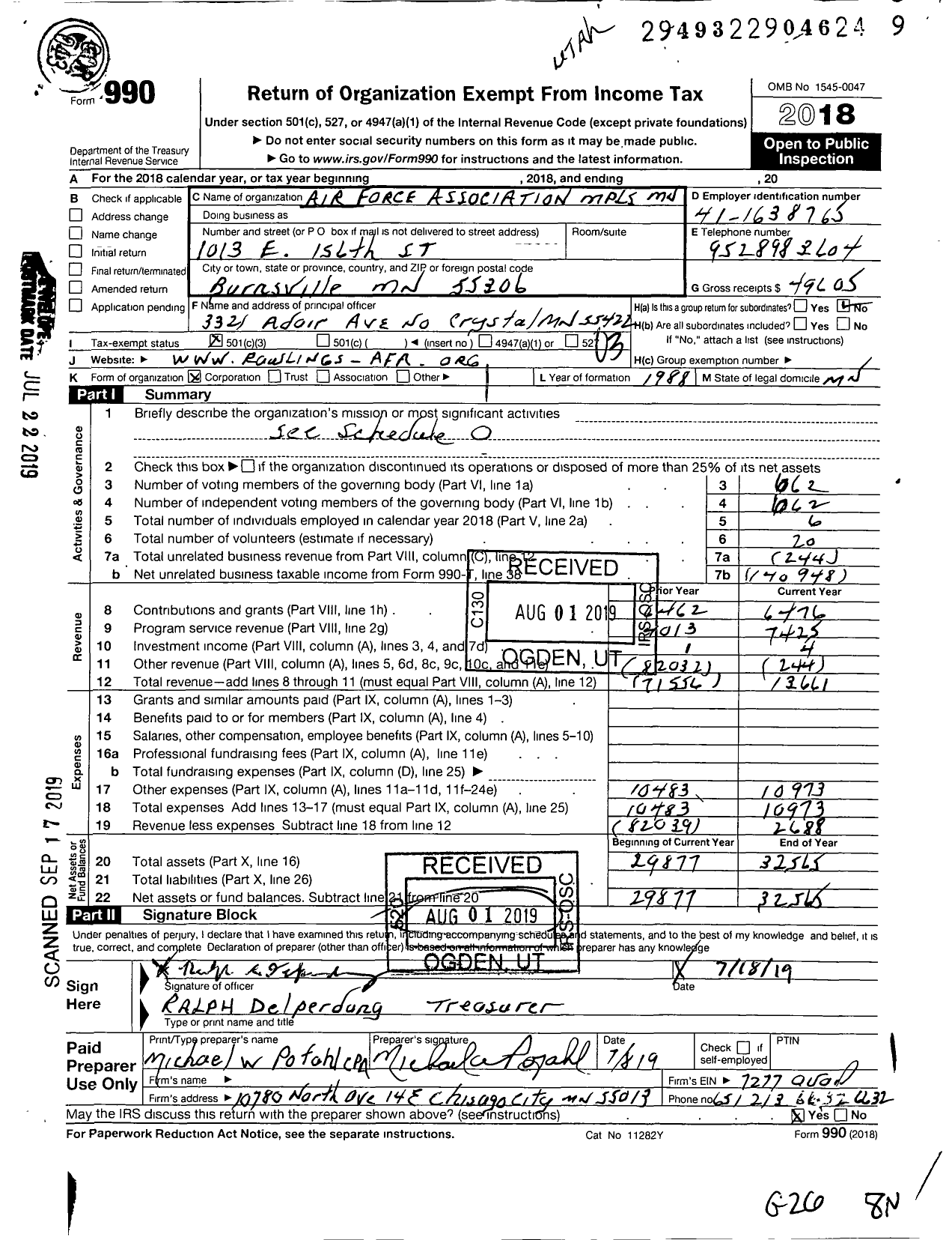 Image of first page of 2018 Form 990 for Air Force Association / Minneapolis Branch
