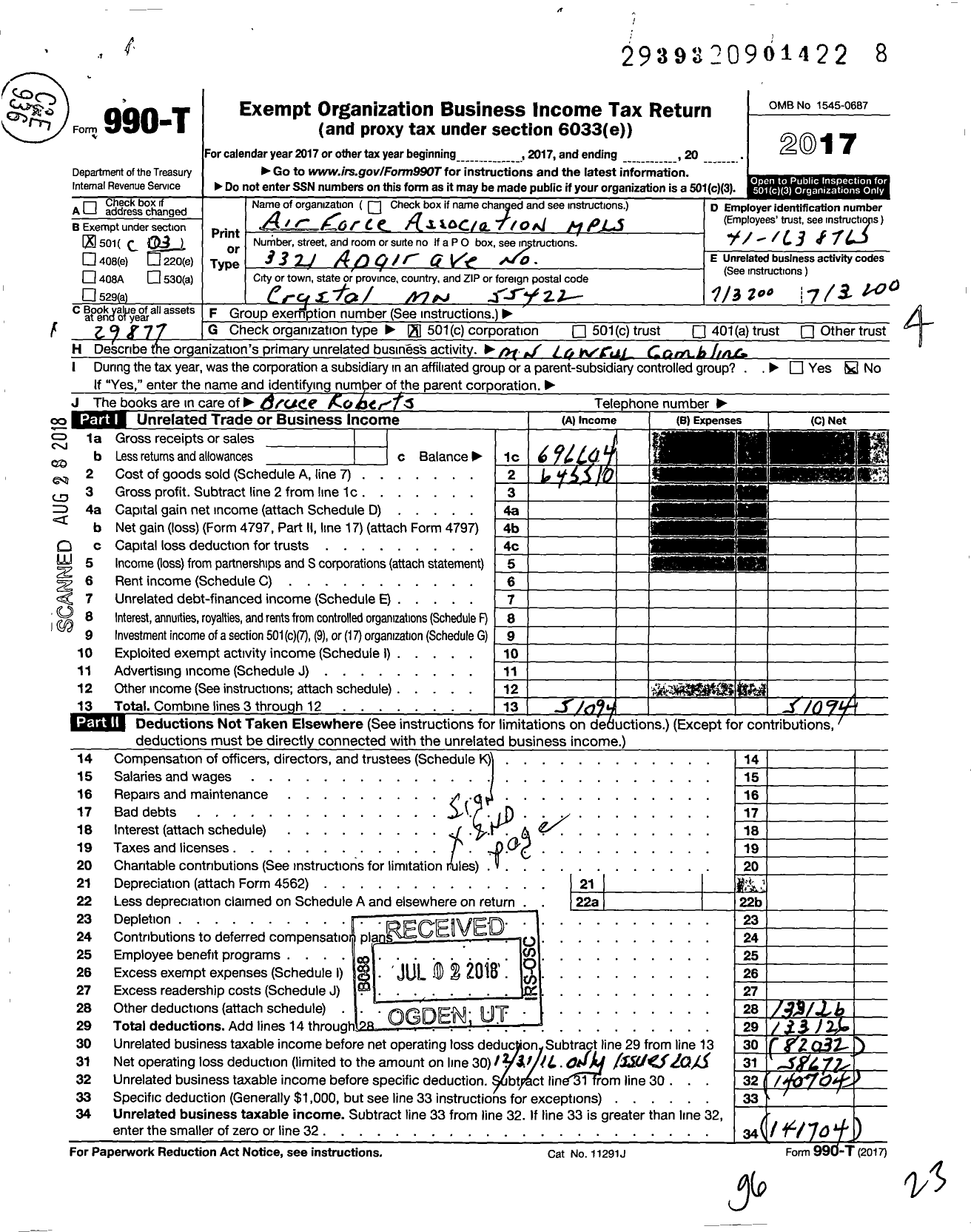 Image of first page of 2017 Form 990T for Air Force Association / Minneapolis Branch