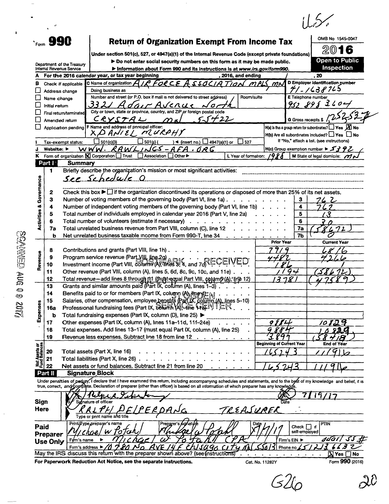 Image of first page of 2016 Form 990O for Air Force Association / Minneapolis Branch