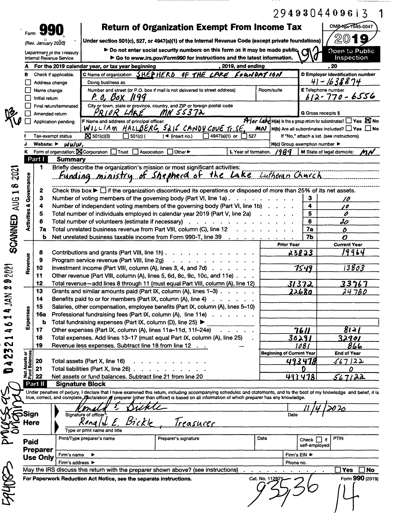 Image of first page of 2019 Form 990 for Shepherd of the Lake Foundation