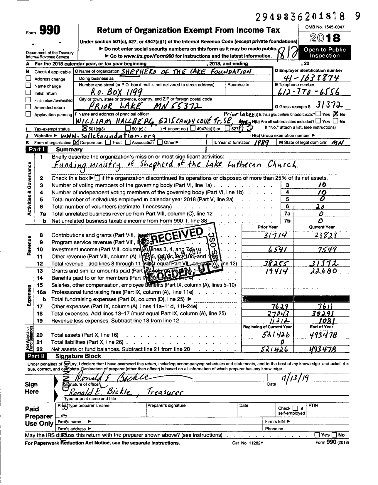 Image of first page of 2018 Form 990 for Shepherd of the Lake Foundation