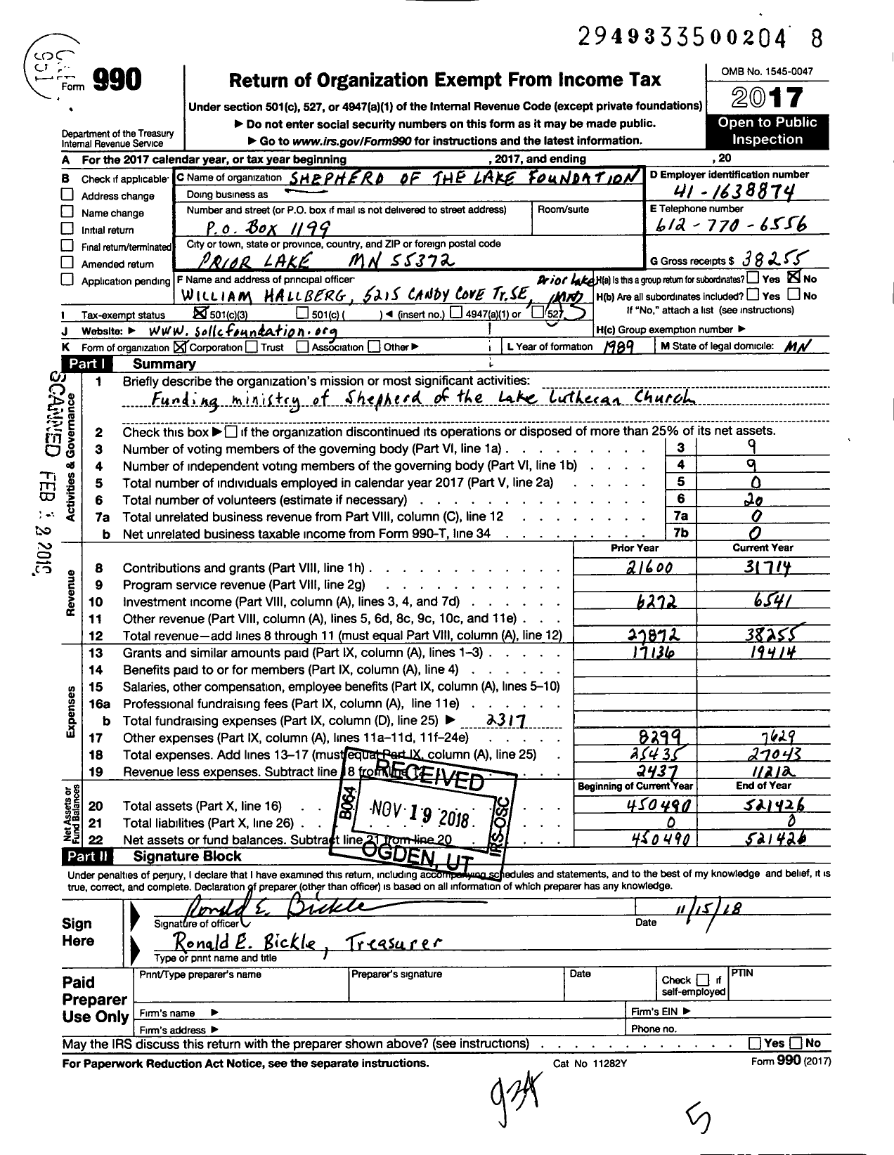 Image of first page of 2017 Form 990 for Shepherd of the Lake Foundation