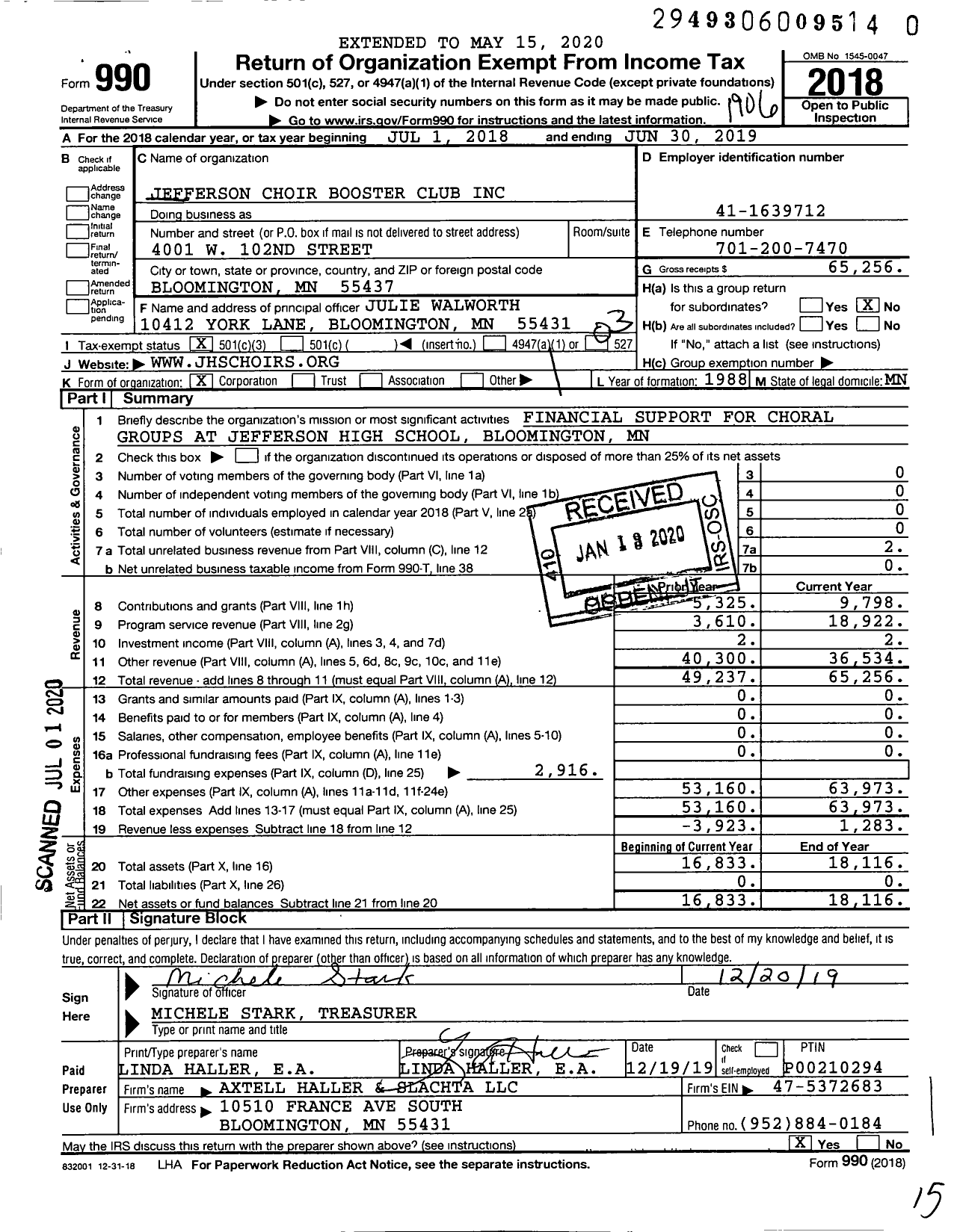 Image of first page of 2018 Form 990 for Jefferson Choir Booster Club