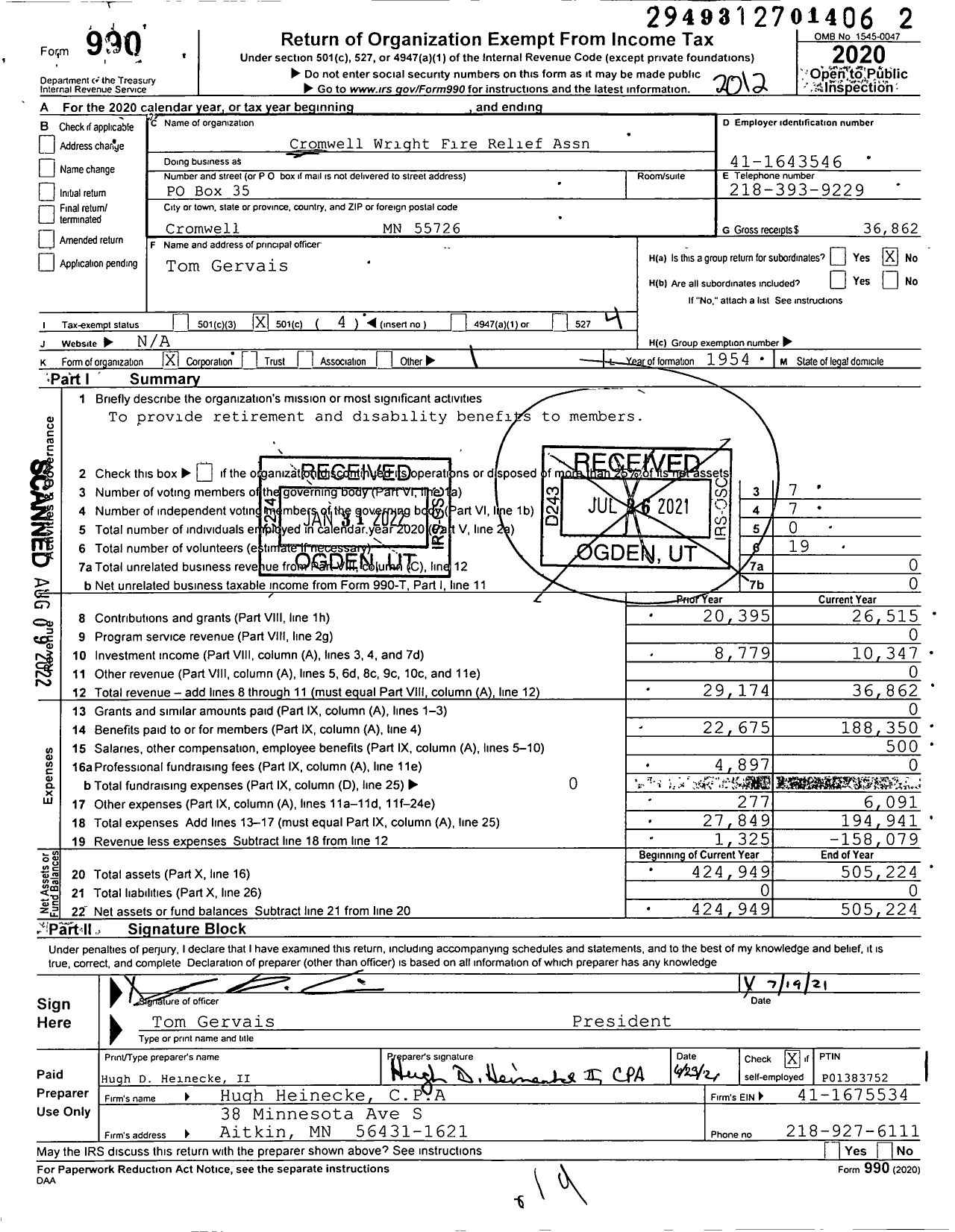 Image of first page of 2020 Form 990O for Cromwell Wright Fire Relief Association