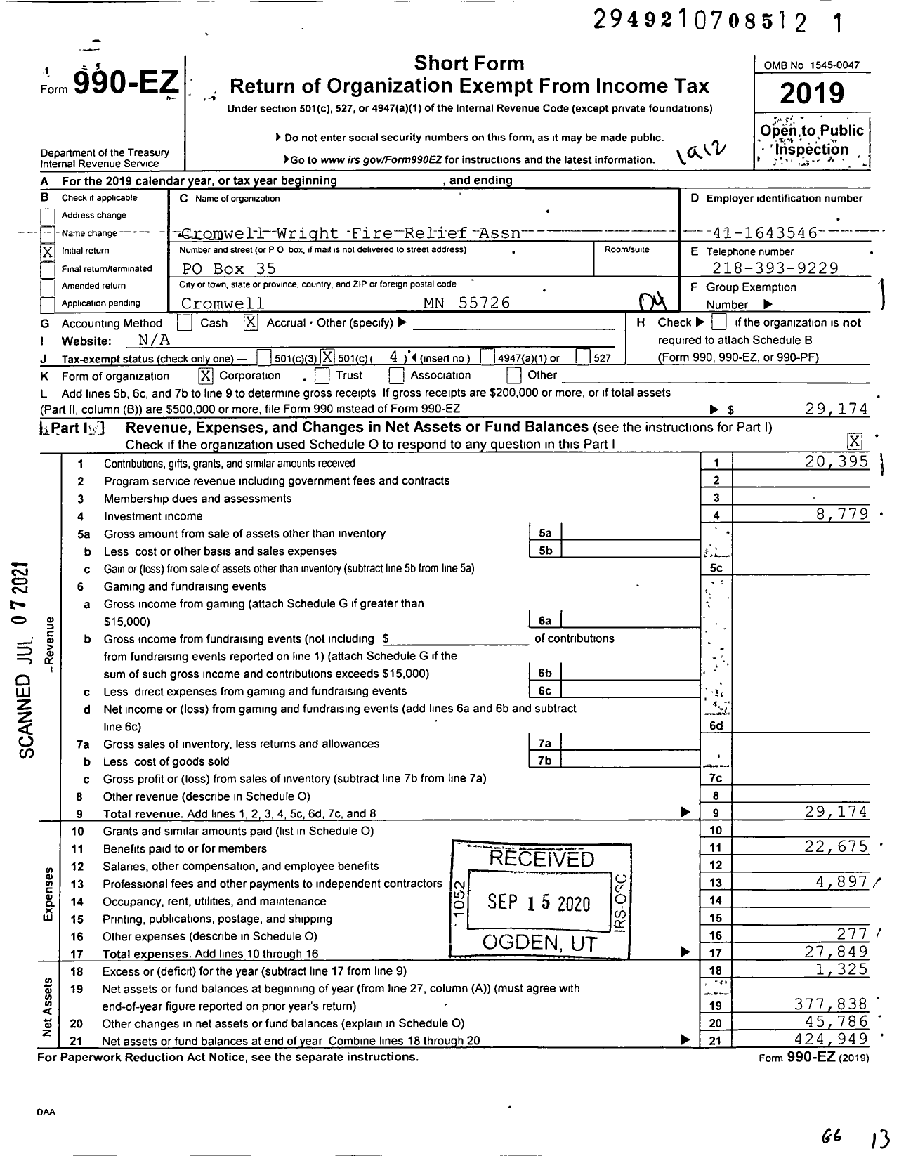 Image of first page of 2019 Form 990EO for Cromwell Wright Fire Relief Association