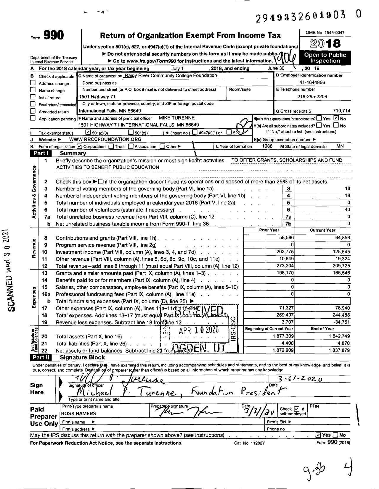 Image of first page of 2018 Form 990 for Rainy River Community College Foundation