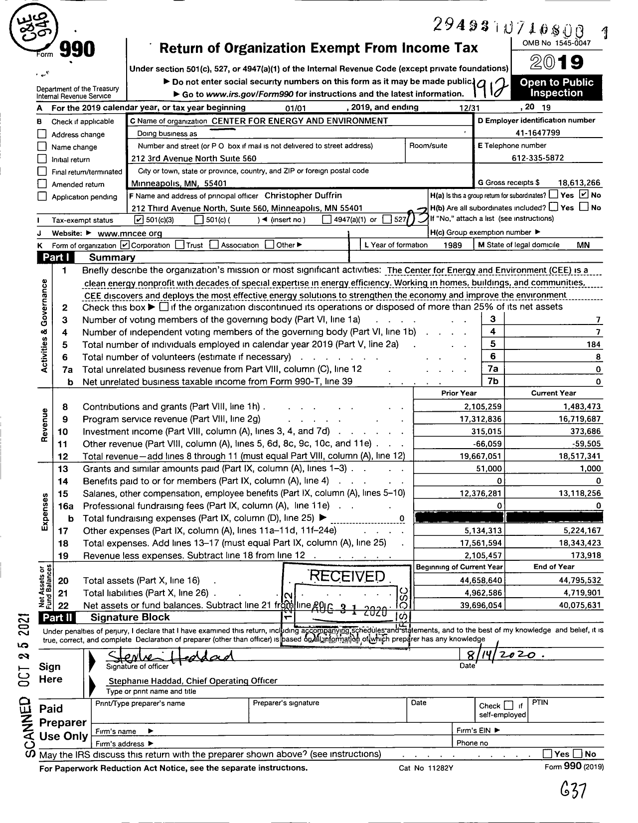 Image of first page of 2019 Form 990 for Center for Energy and Environment