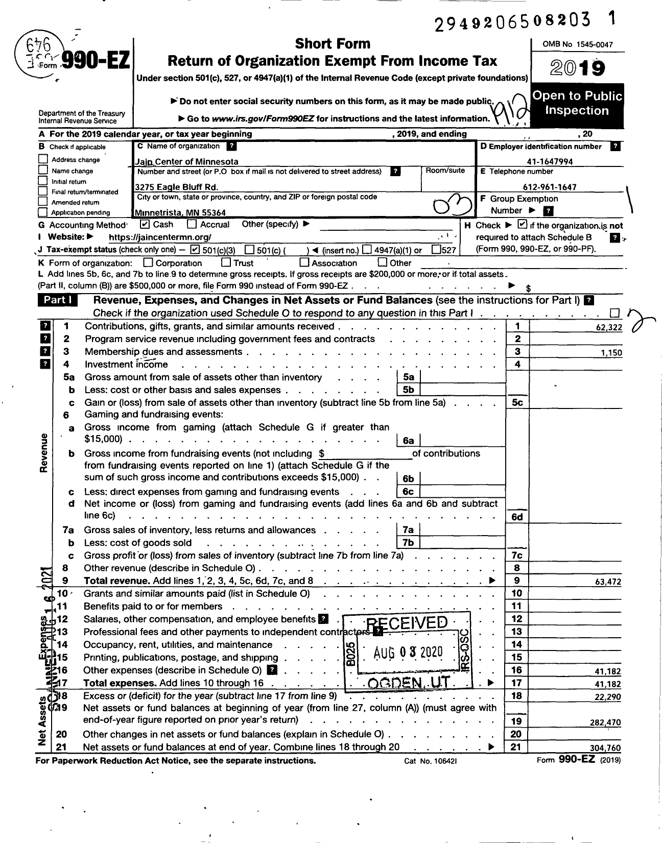 Image of first page of 2019 Form 990EZ for Jain Center of Minnesota