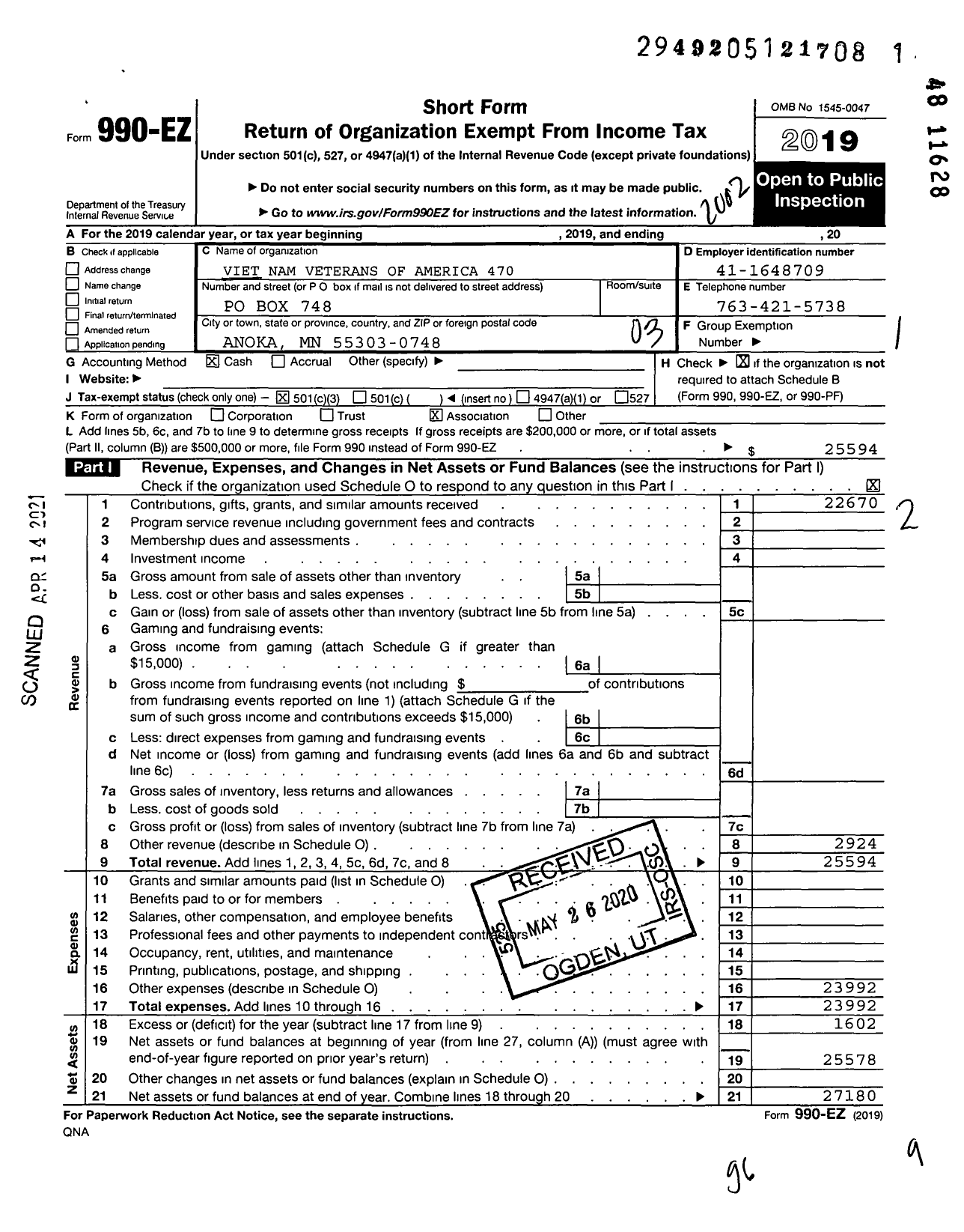 Image of first page of 2019 Form 990EZ for Vietnam Veterans of America - 470 Anoka Chapter