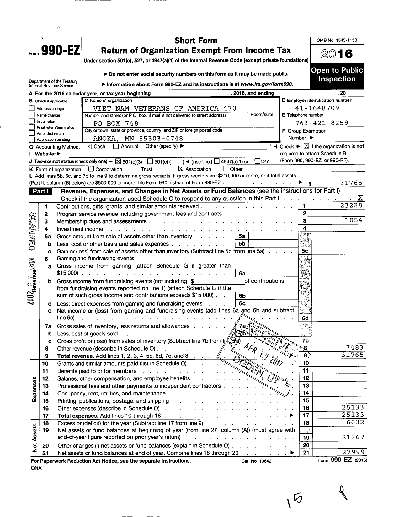 Image of first page of 2016 Form 990EZ for Vietnam Veterans of America - 470 Anoka Chapter