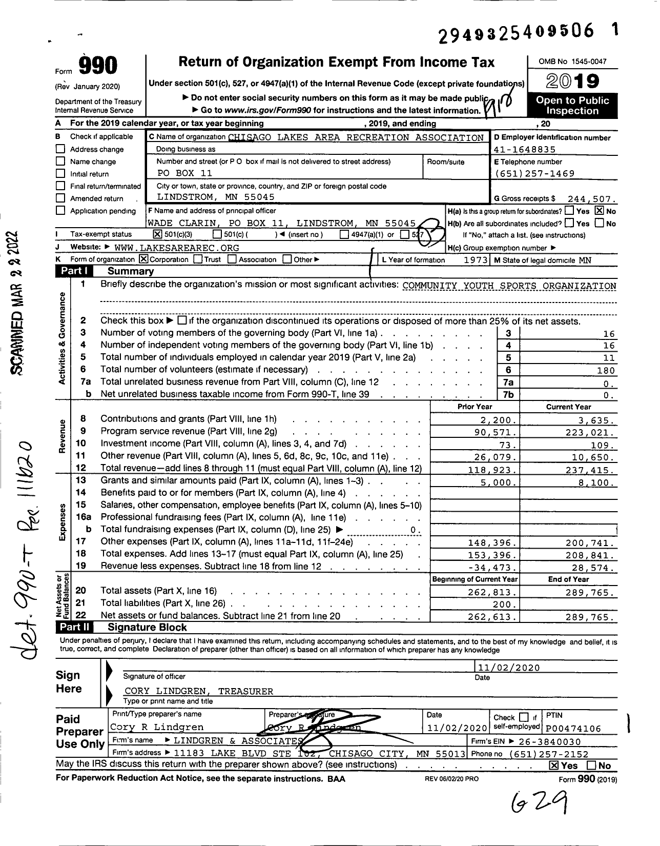 Image of first page of 2019 Form 990 for Chisago Lakes Area Recreation Association