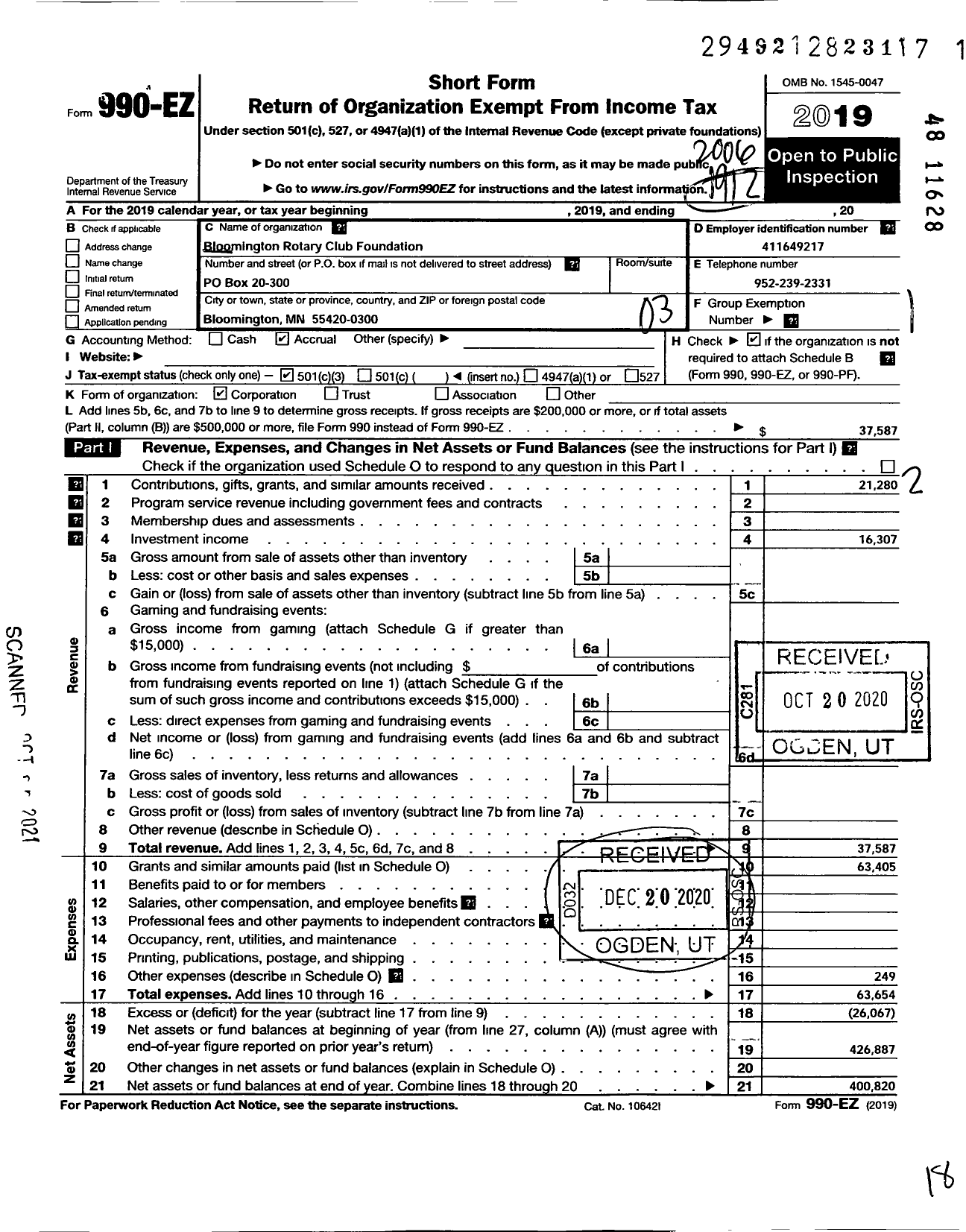 Image of first page of 2019 Form 990EZ for Bloomington Rotary Club Foundation