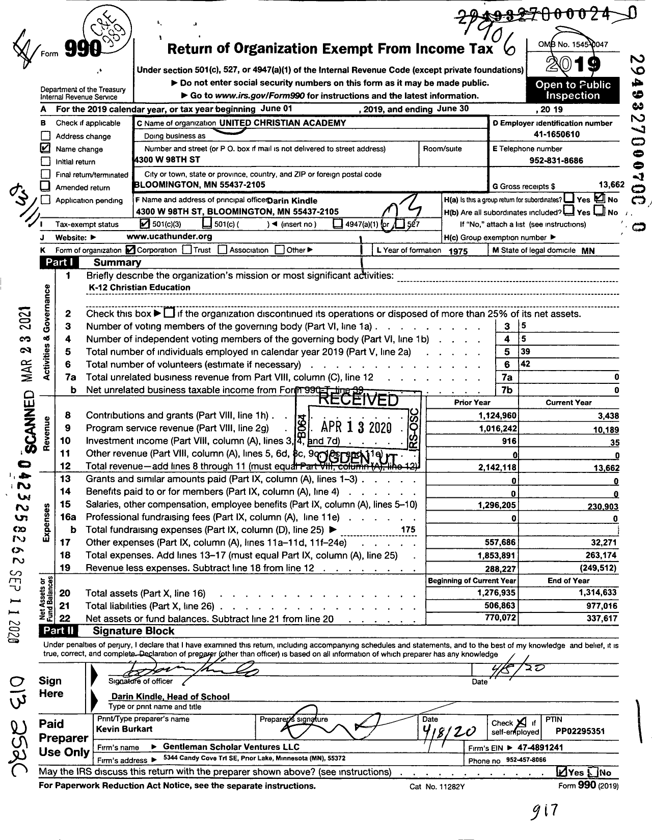 Image of first page of 2018 Form 990 for United Christian Academy