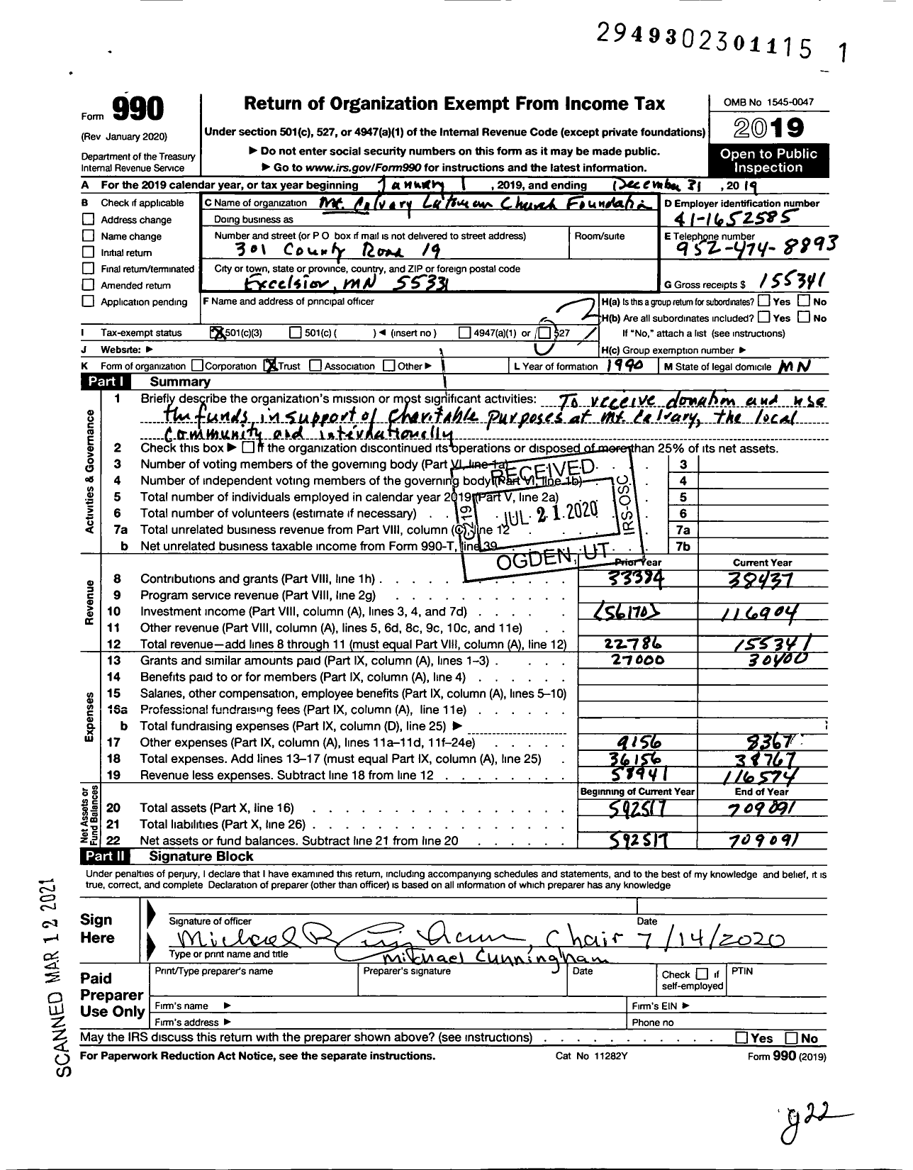 Image of first page of 2019 Form 990 for Mount Calvary Lutheran Church Foundation