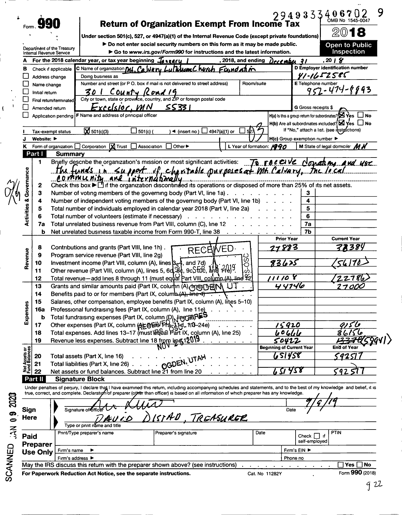 Image of first page of 2018 Form 990 for Mount Calvary Lutheran Church Foundation