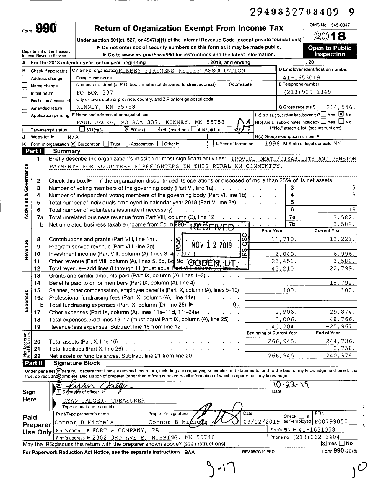 Image of first page of 2018 Form 990O for Kinney Firemens Relief Association