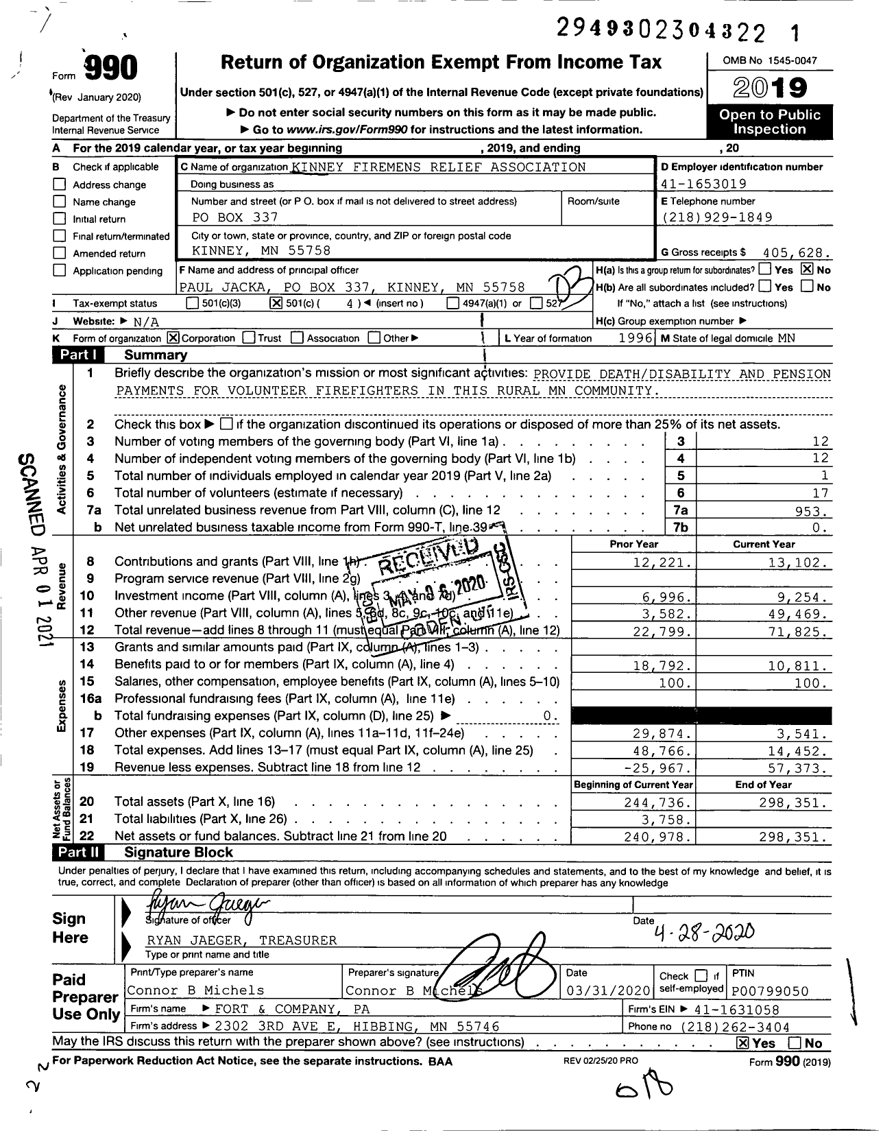 Image of first page of 2019 Form 990 for Kinney Firemens Relief Association