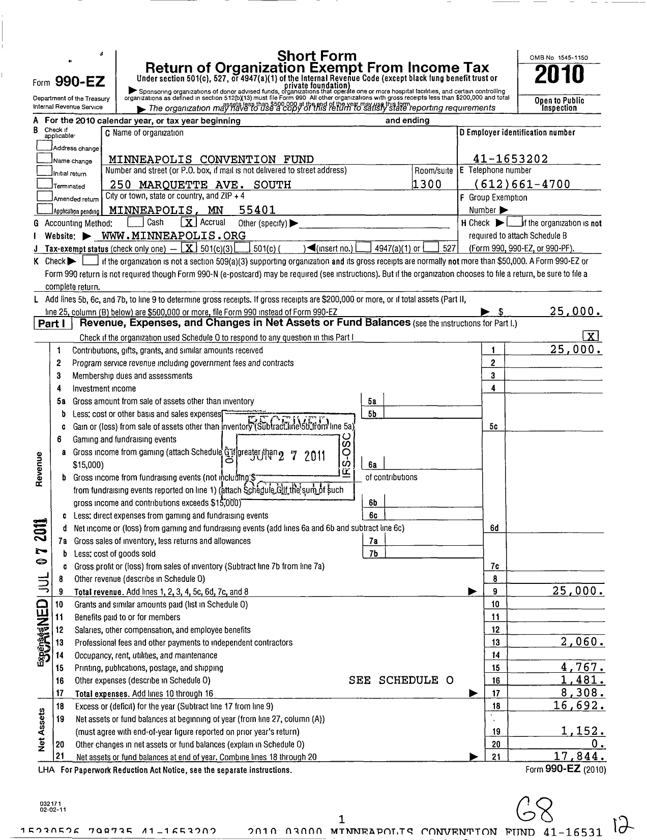 Image of first page of 2010 Form 990EZ for Experience Minneapolis