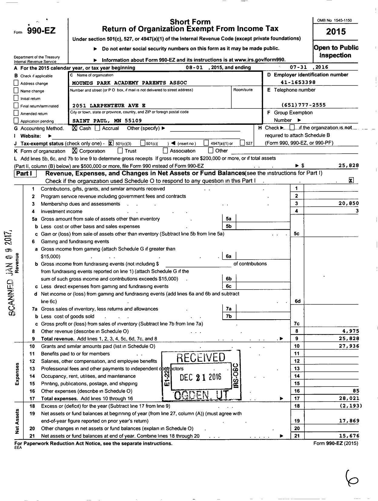 Image of first page of 2015 Form 990EZ for Mounds Park Academy Parents Association