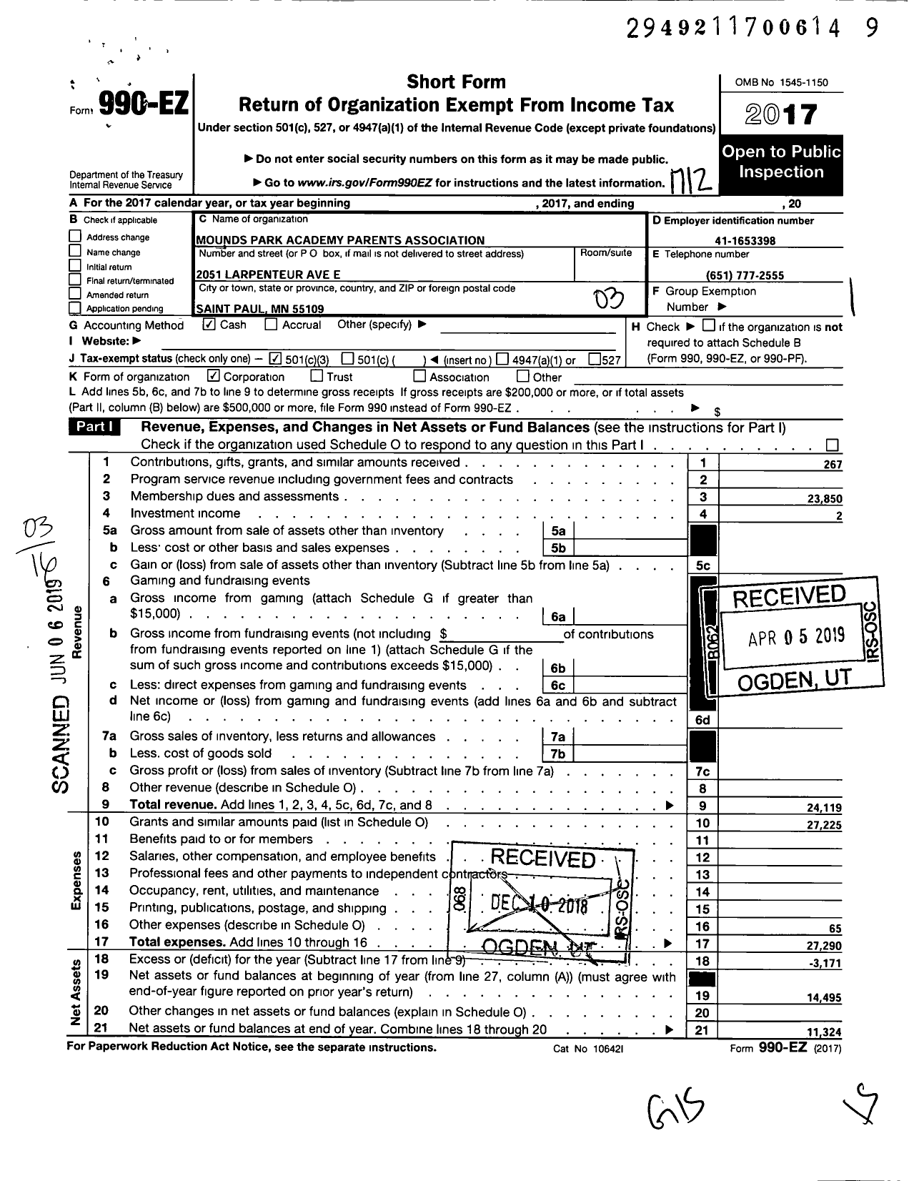 Image of first page of 2017 Form 990EZ for Mounds Park Academy Parents Association