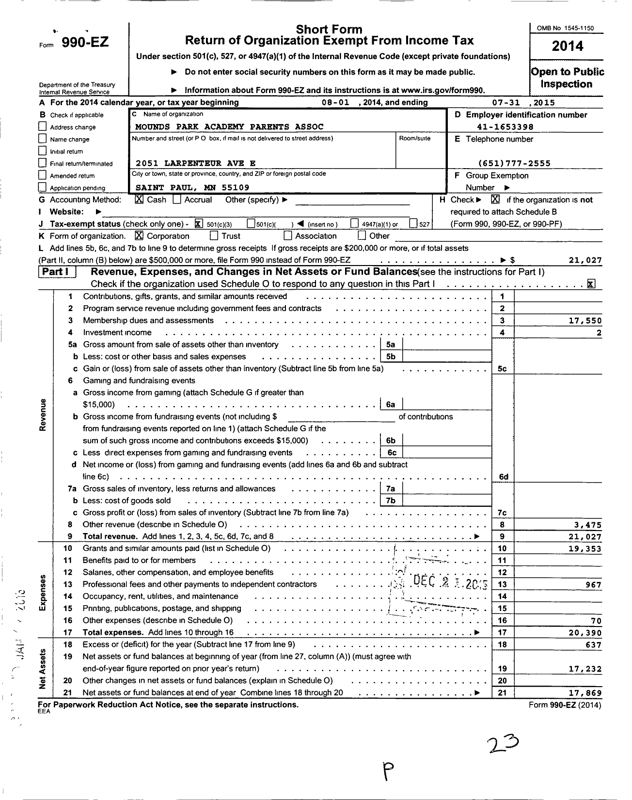 Image of first page of 2014 Form 990EZ for Mounds Park Academy Parents Association