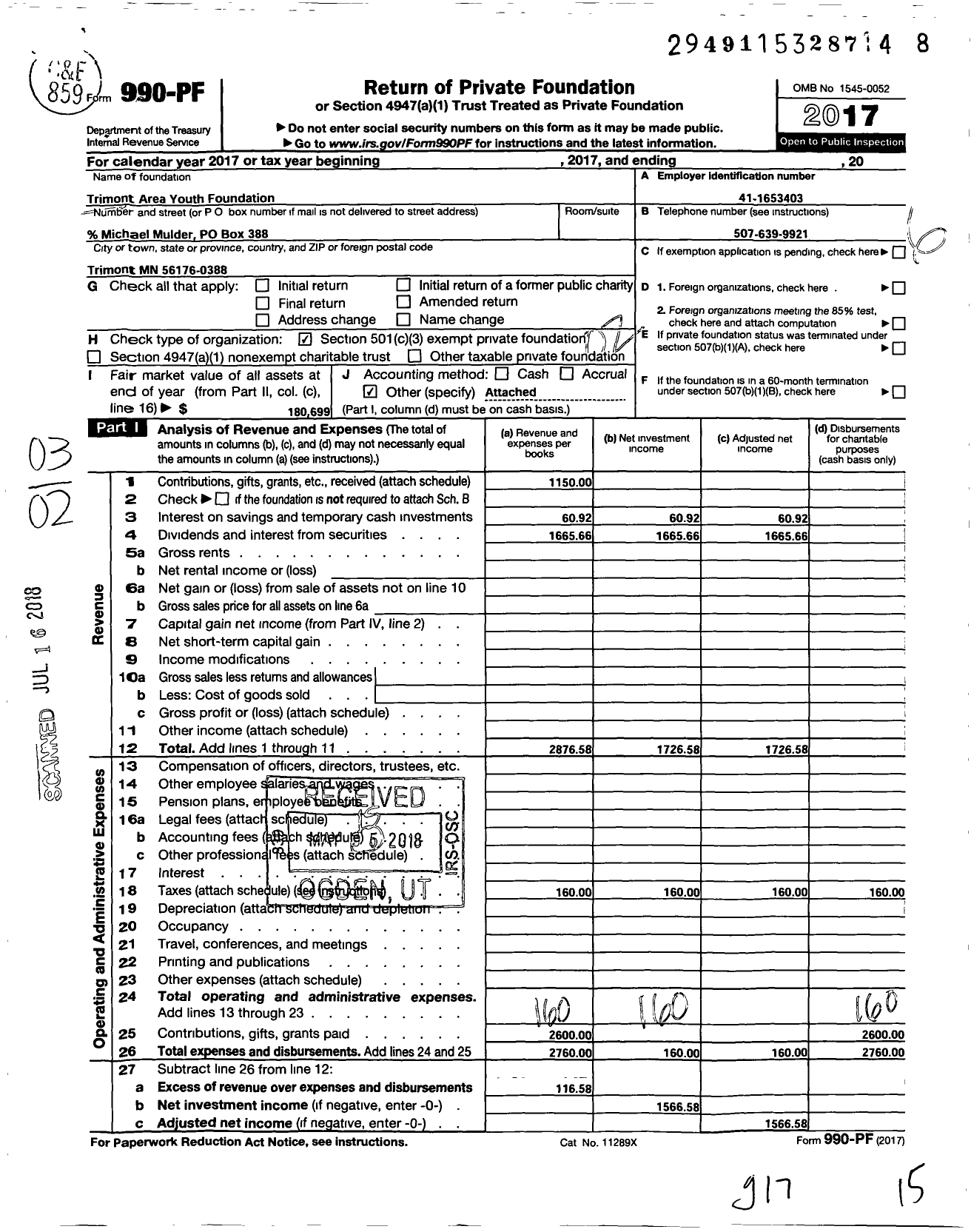 Image of first page of 2017 Form 990PF for Trimont Area Youth Foundation