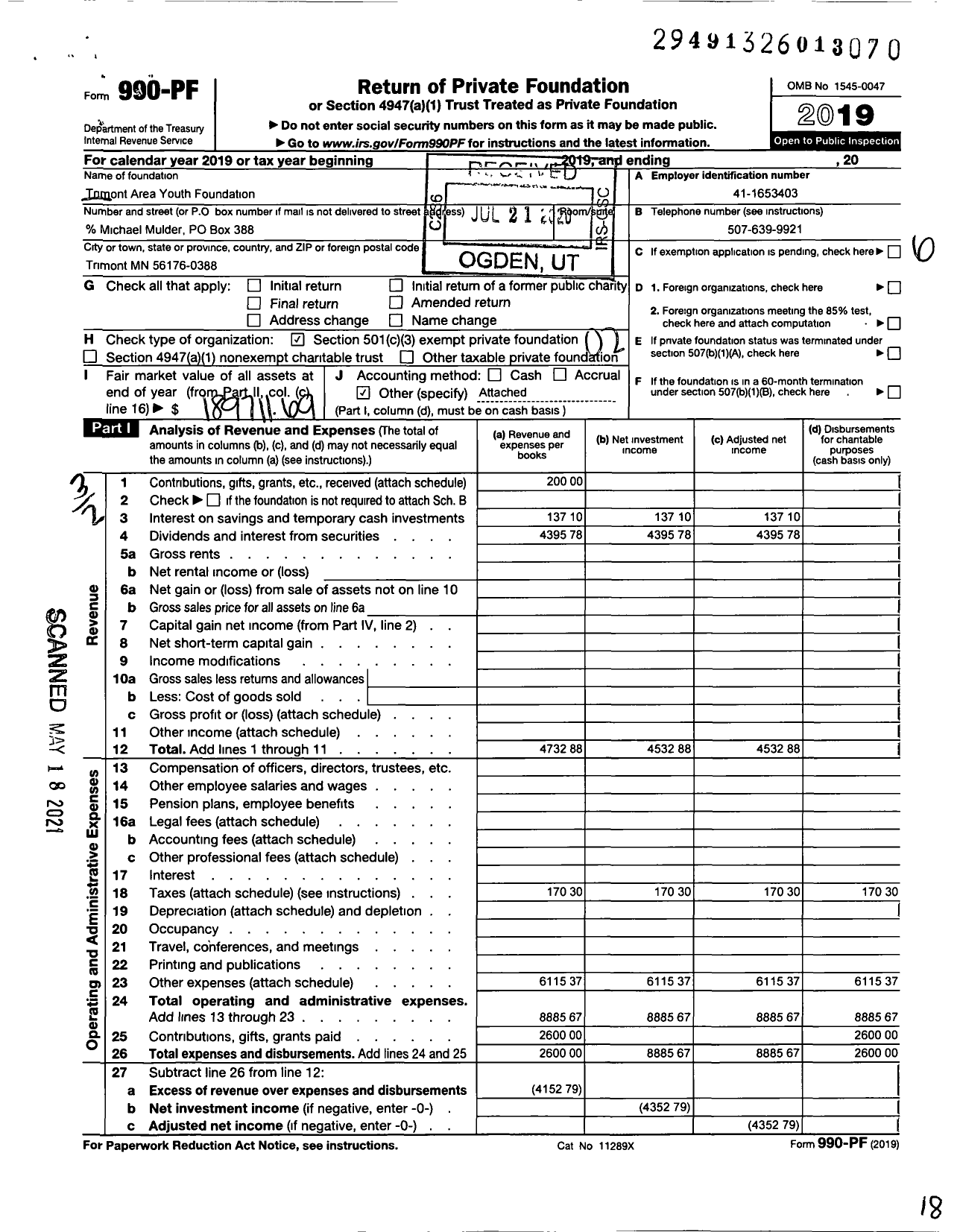 Image of first page of 2019 Form 990PF for Trimont Area Youth Foundation