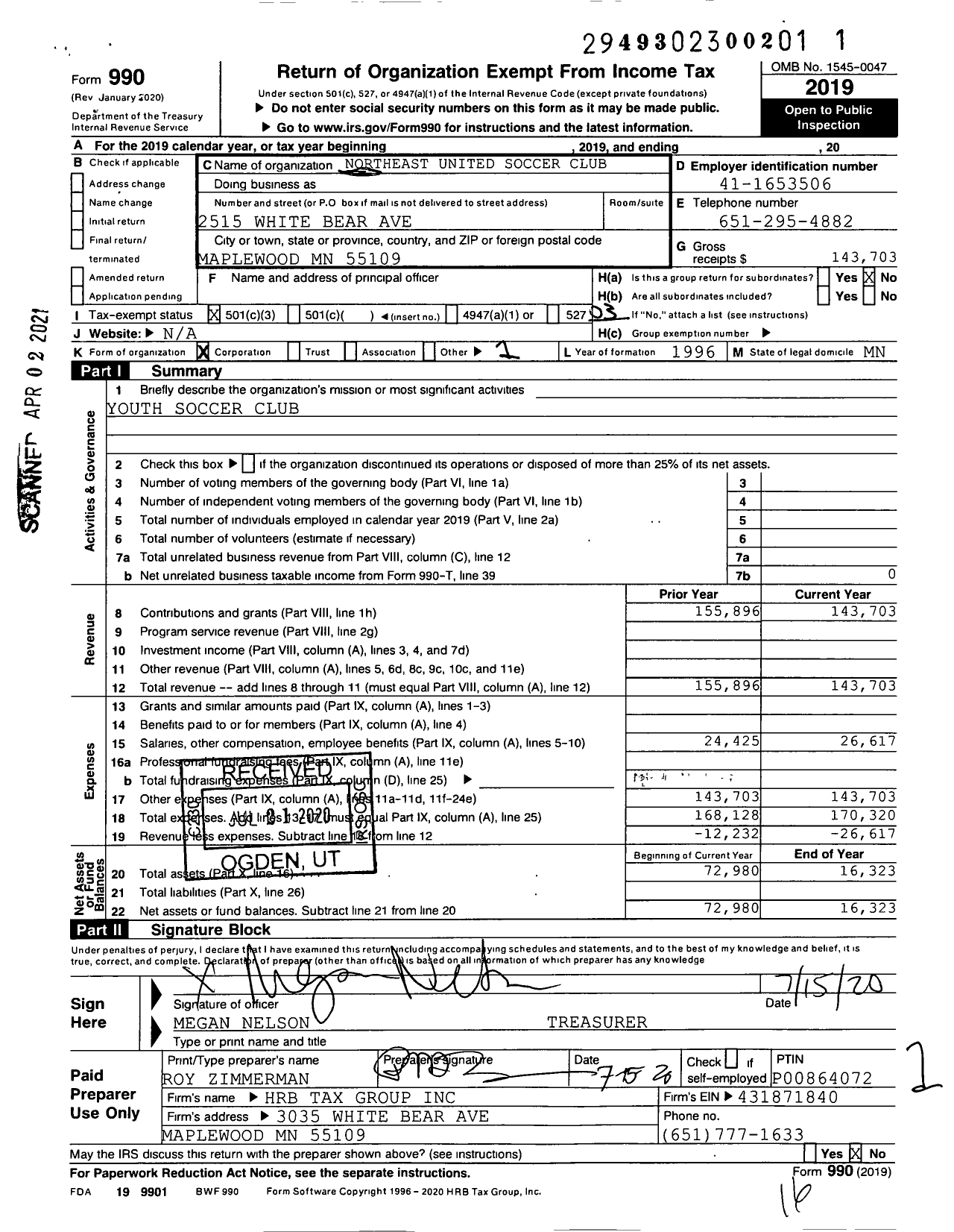 Image of first page of 2019 Form 990 for Northeast United Soccer Club