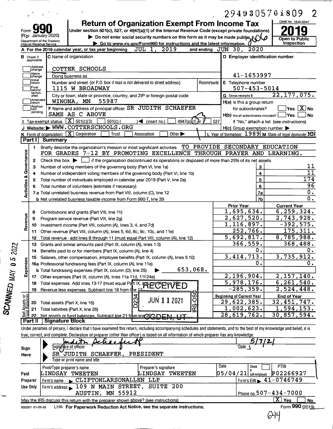 Image of first page of 2019 Form 990 for Cotter Schools