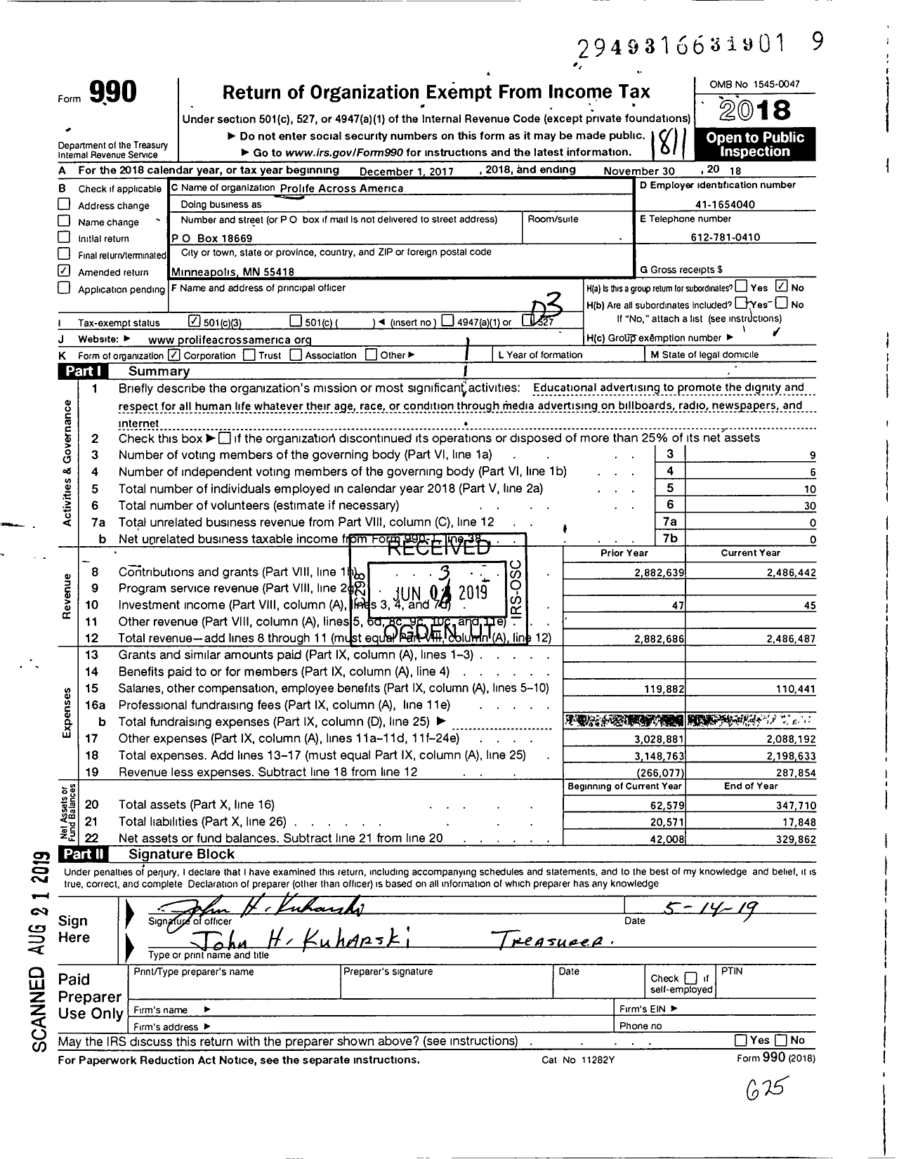 Image of first page of 2017 Form 990 for Prolife Across America