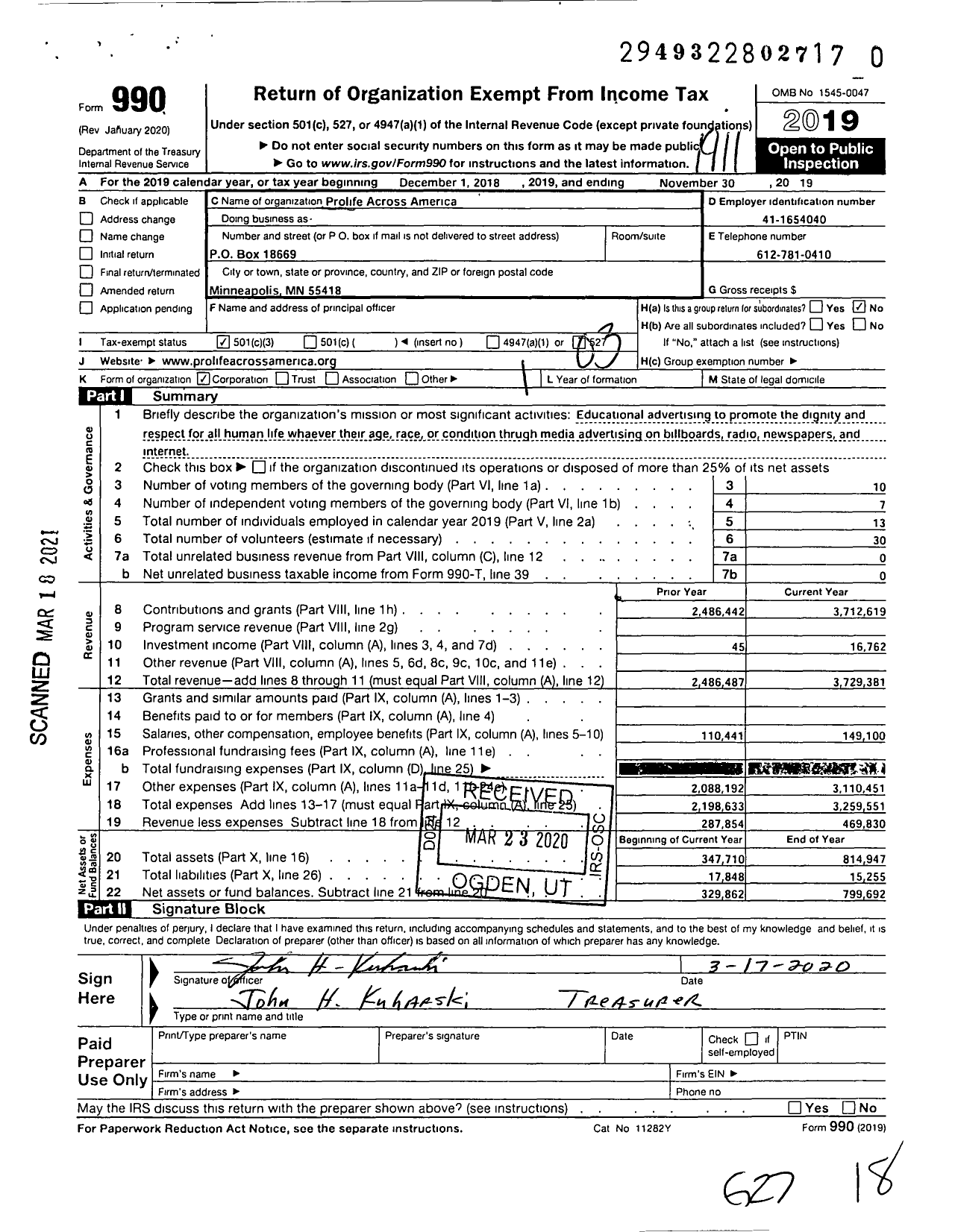 Image of first page of 2018 Form 990 for Prolife Across America