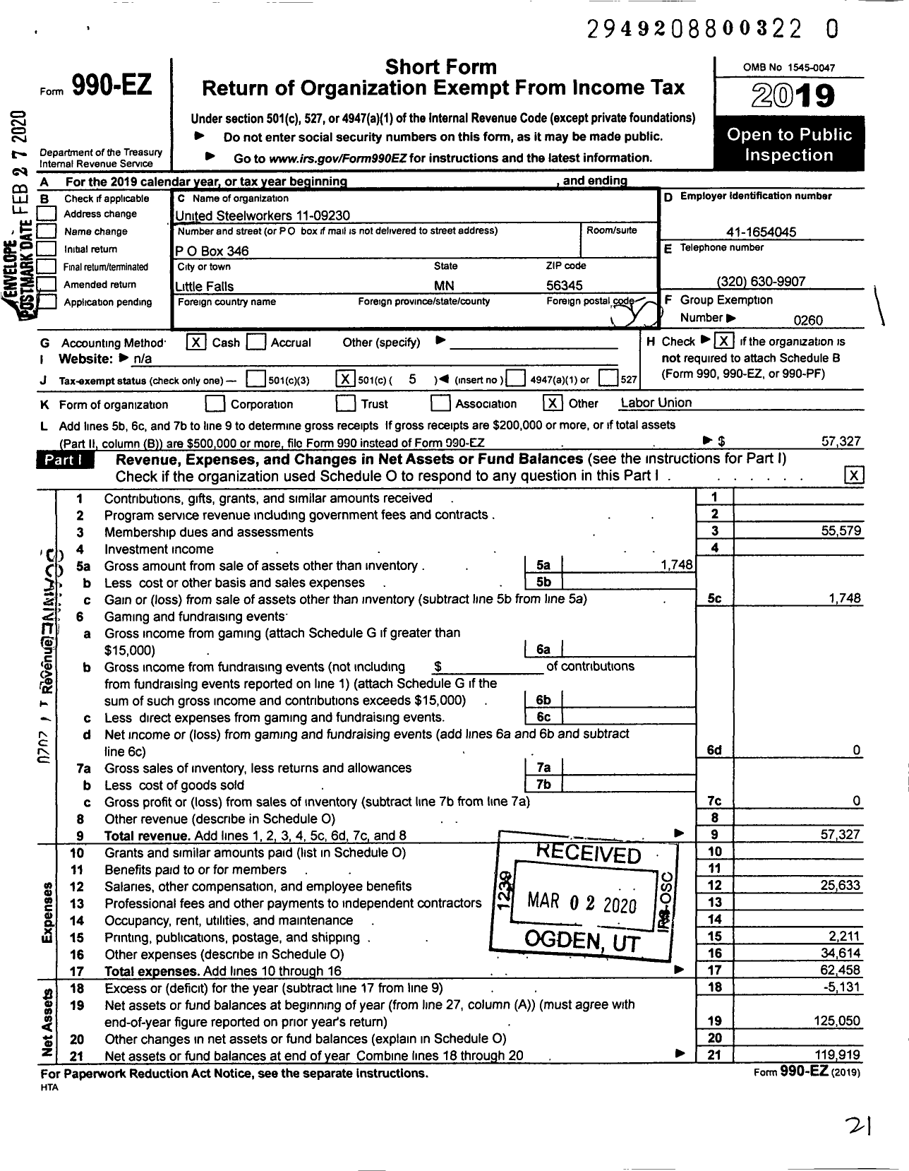 Image of first page of 2019 Form 990EO for United Steelworkers - 9230 Local