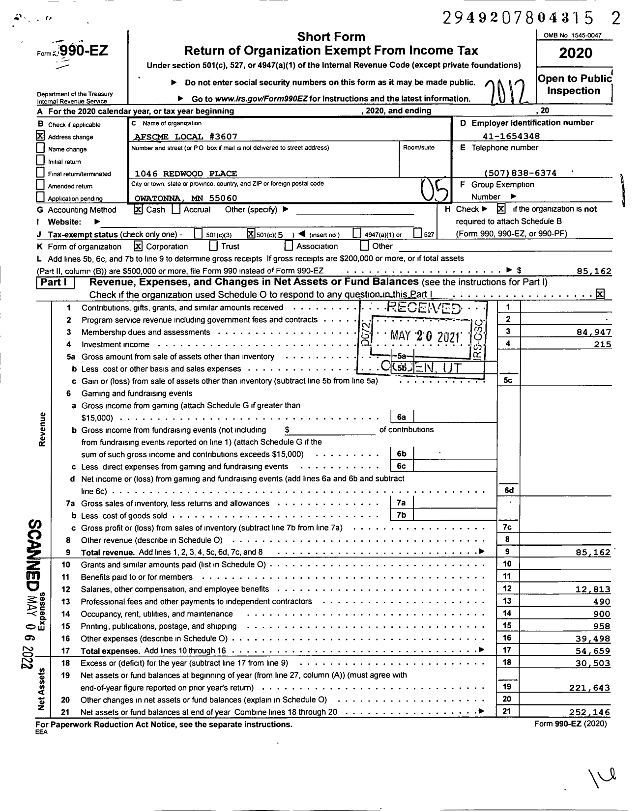 Image of first page of 2020 Form 990EO for American Federation of State County & Municipal Employees - L3607MN MN Corr Facil Emps Fairbaul