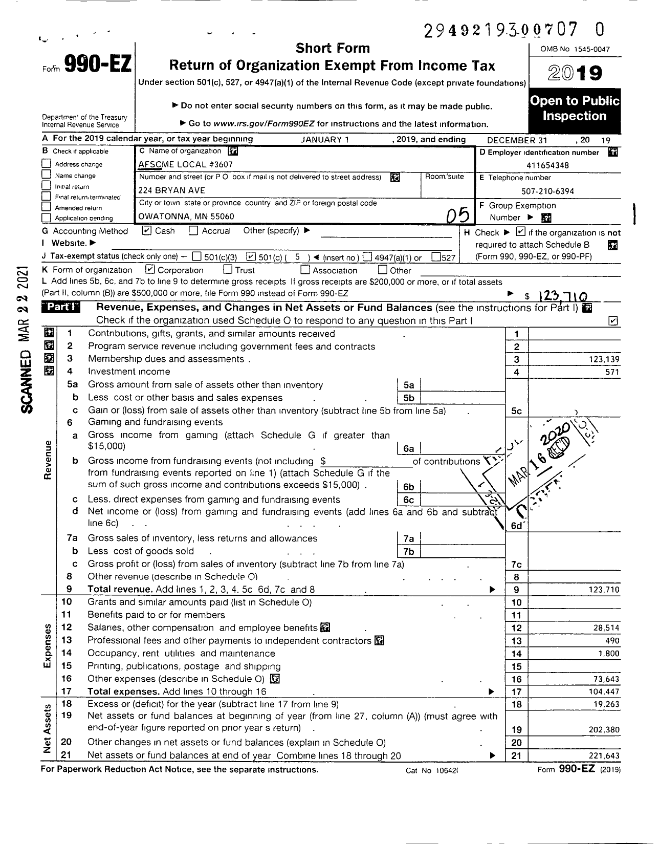 Image of first page of 2019 Form 990EO for American Federation of State County & Municipal Employees - L3607MN MN Corr Facil Emps Fairbaul