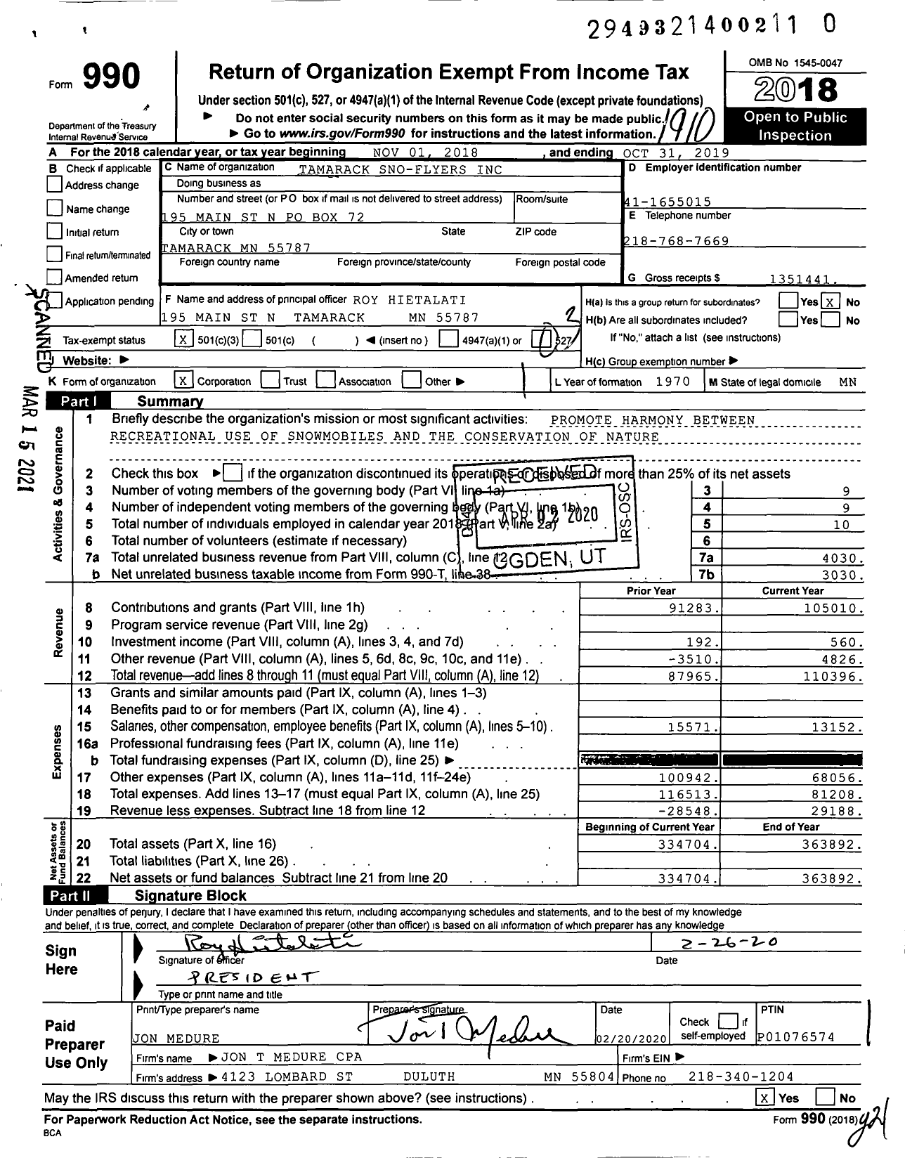 Image of first page of 2018 Form 990 for Tamarack Sno-Flyers