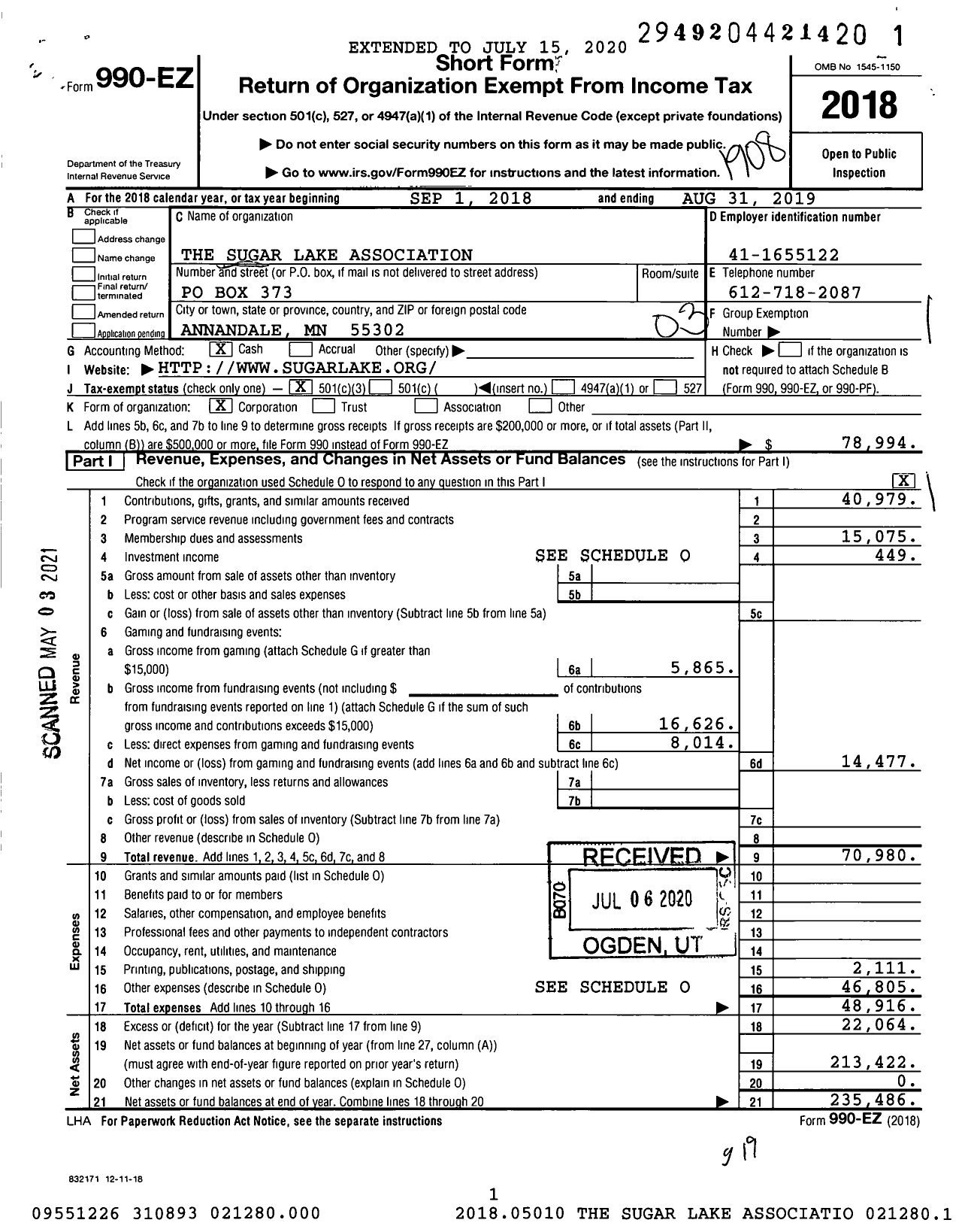 Image of first page of 2018 Form 990EZ for The Sugar Lake Association