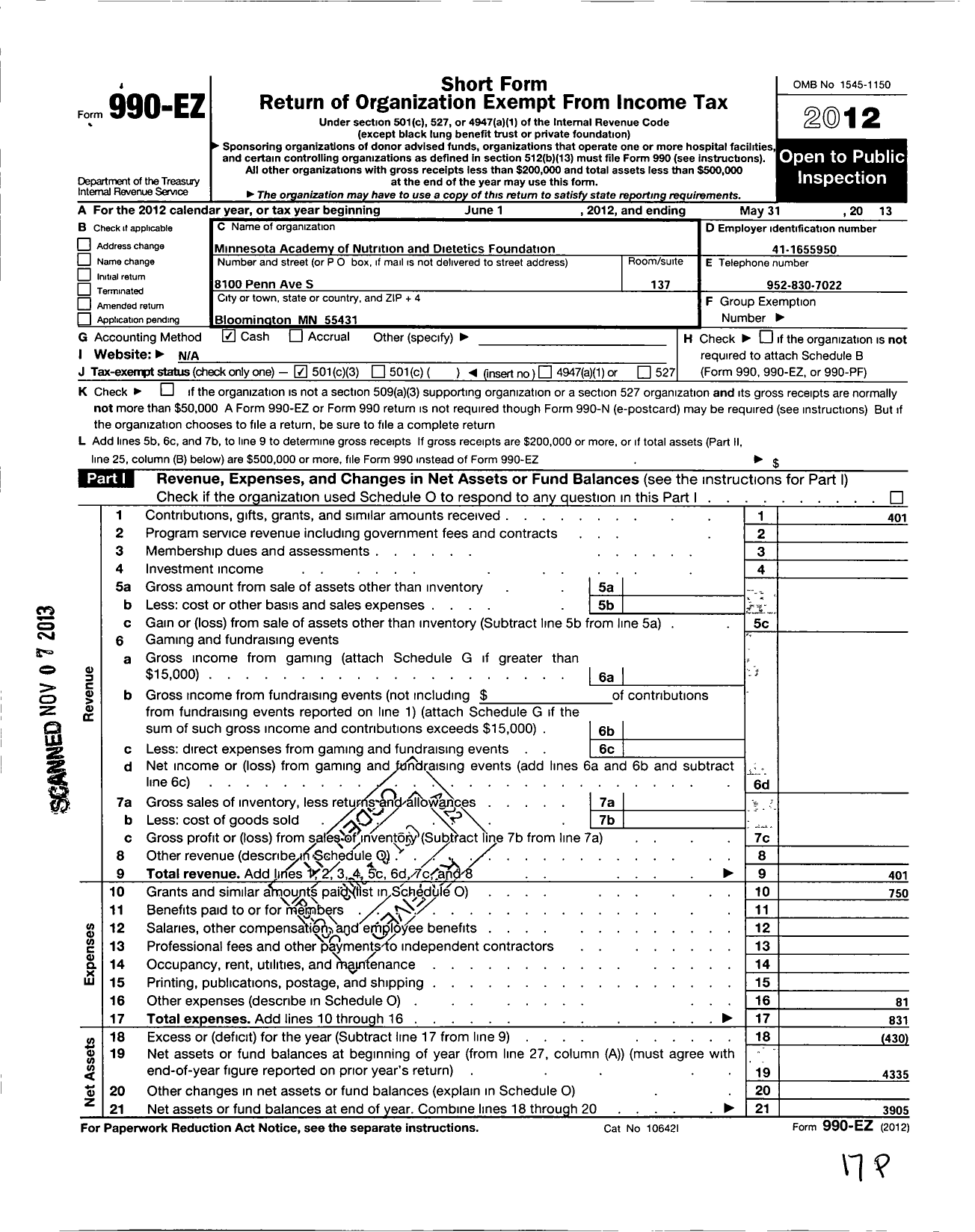 Image of first page of 2012 Form 990EZ for Minnesota Academy of Nutrition and Dietetics Foundation