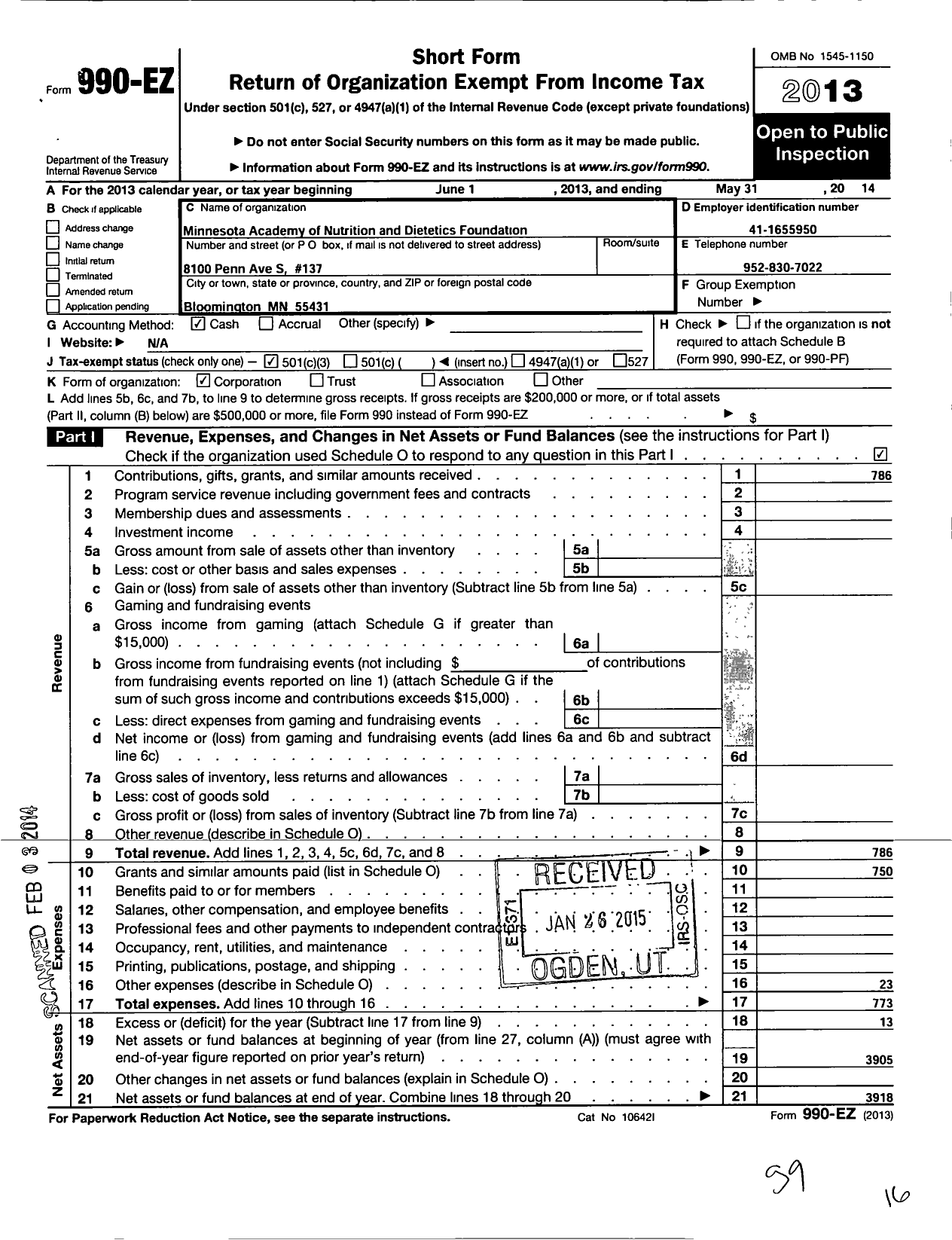 Image of first page of 2013 Form 990EZ for Minnesota Academy of Nutrition and Dietetics Foundation