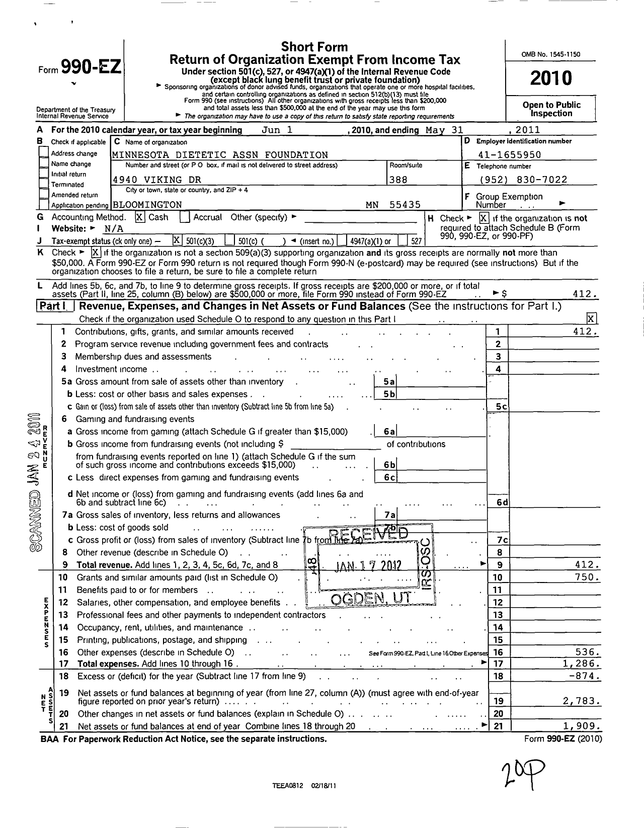 Image of first page of 2010 Form 990EZ for Minnesota Academy of Nutrition and Dietetics Foundation