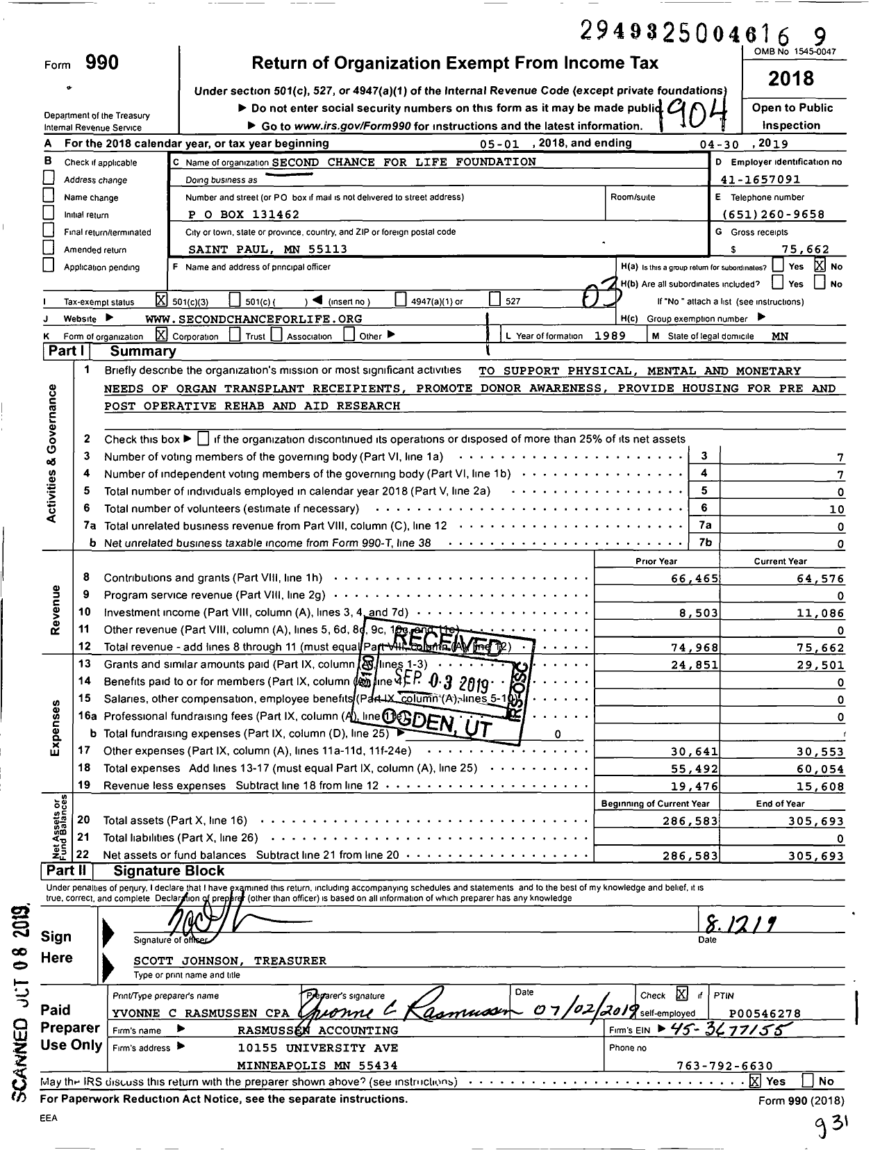 Image of first page of 2018 Form 990 for Second Chance for Life Foundation