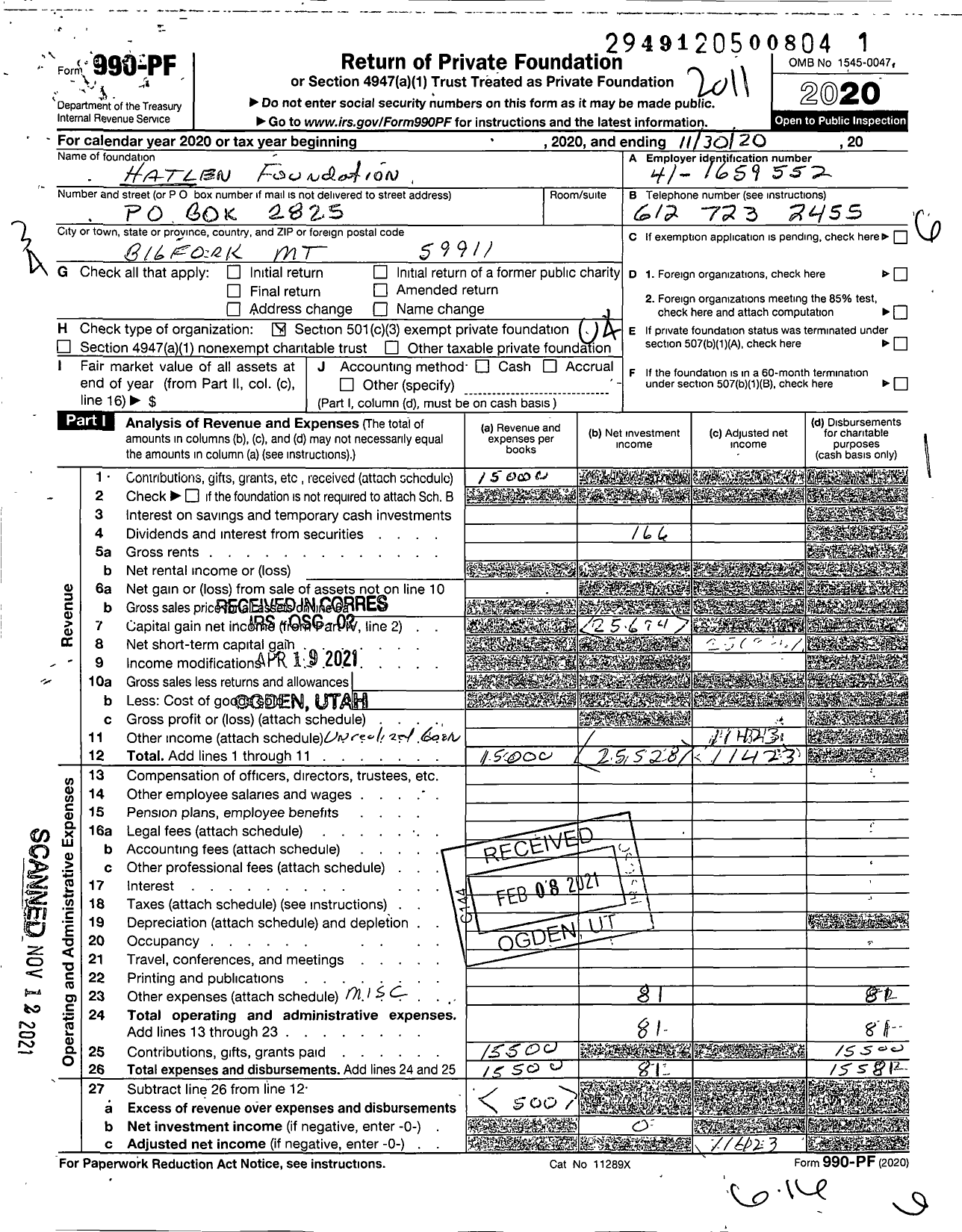 Image of first page of 2019 Form 990PF for Hatlen Foundation